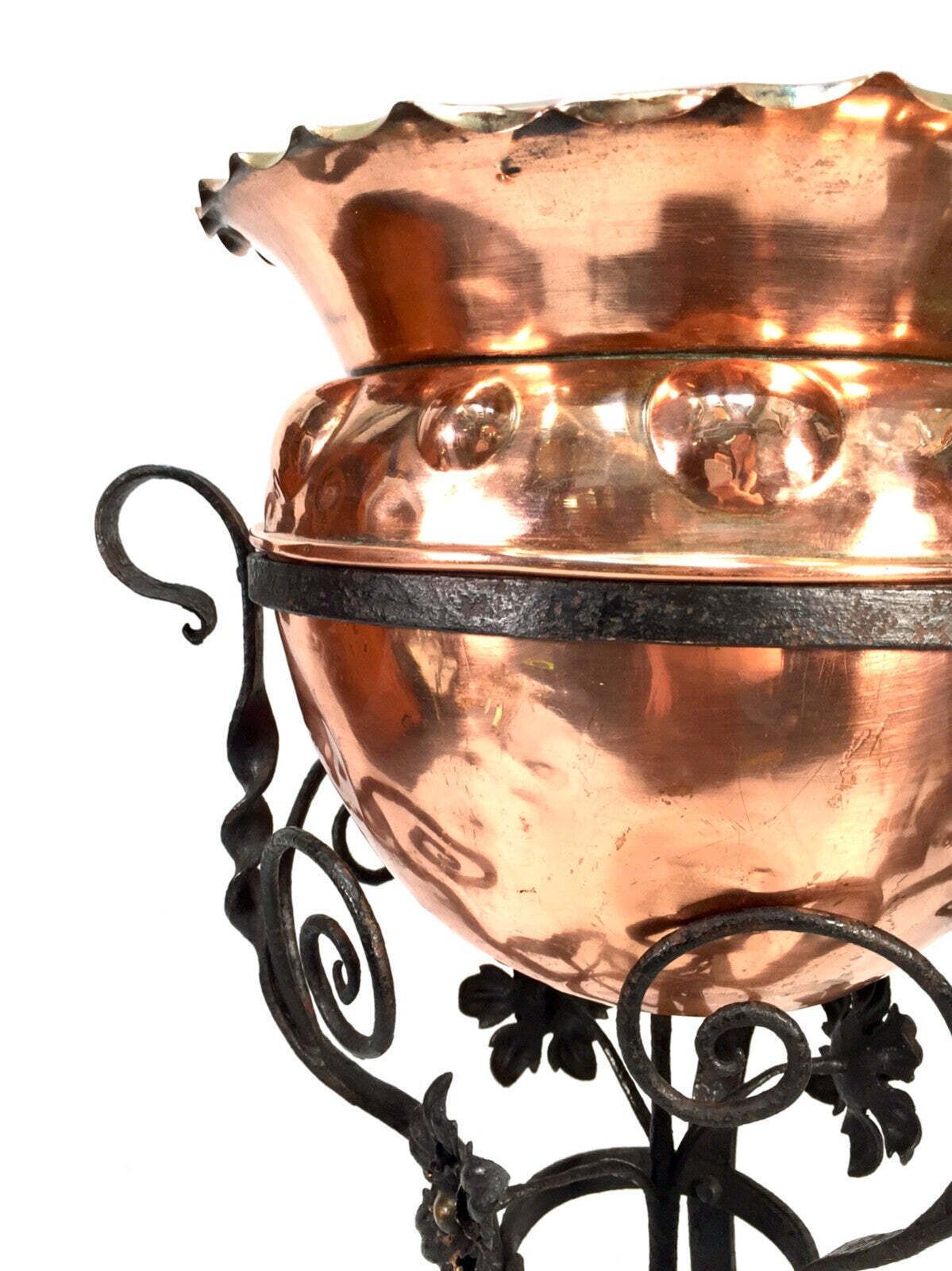Antique Art Nouveau Copper Plant Pot / Jardiniere On Wrought Iron Stand C.1900 photo for sale