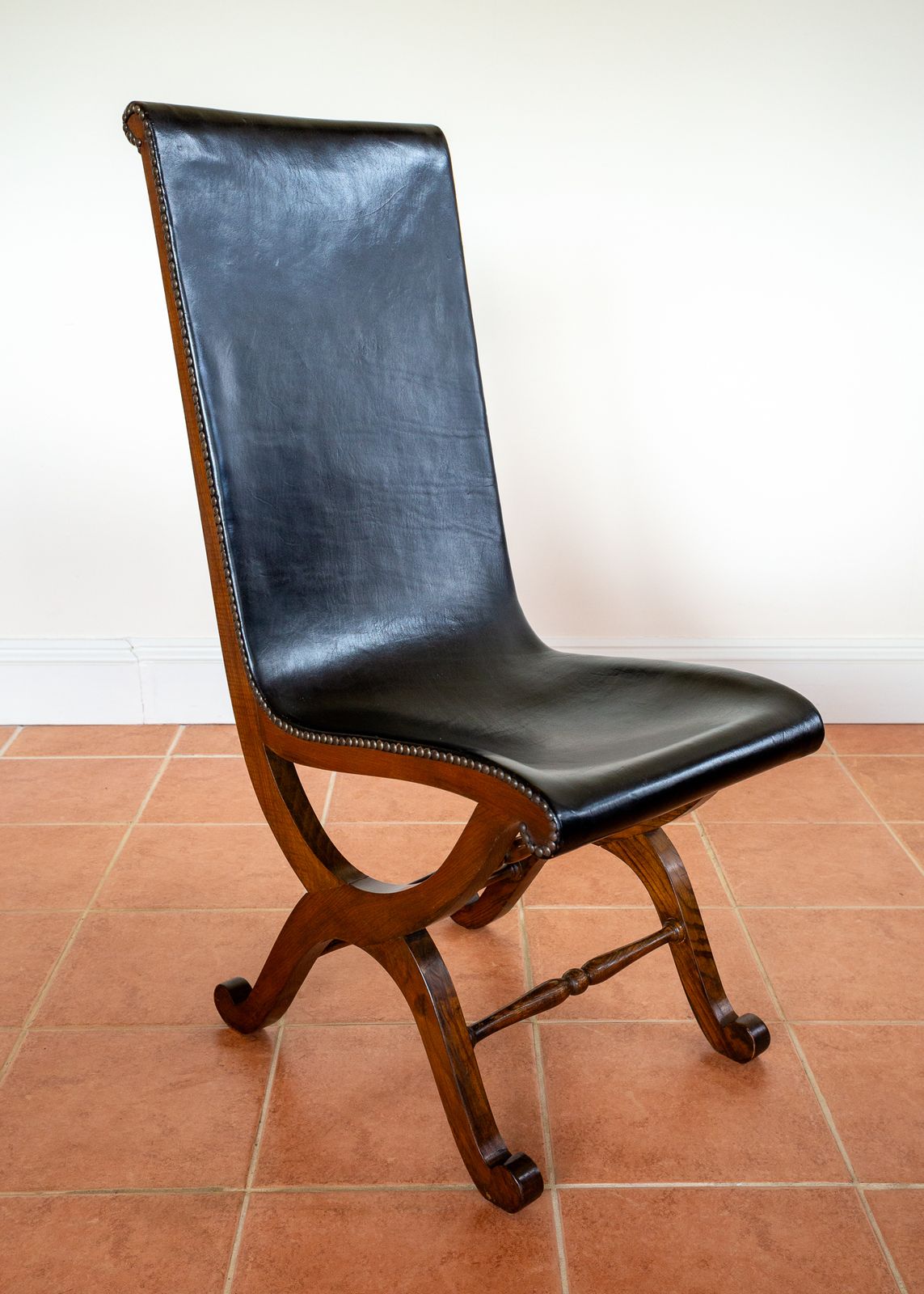 4 Spanish Oak Leather Dining Chairs By Pierre Lottier Valmazan Mid Century Neoclassical Colonial 1960s Black Leather Sling Seat Studded Leather photo vinterior