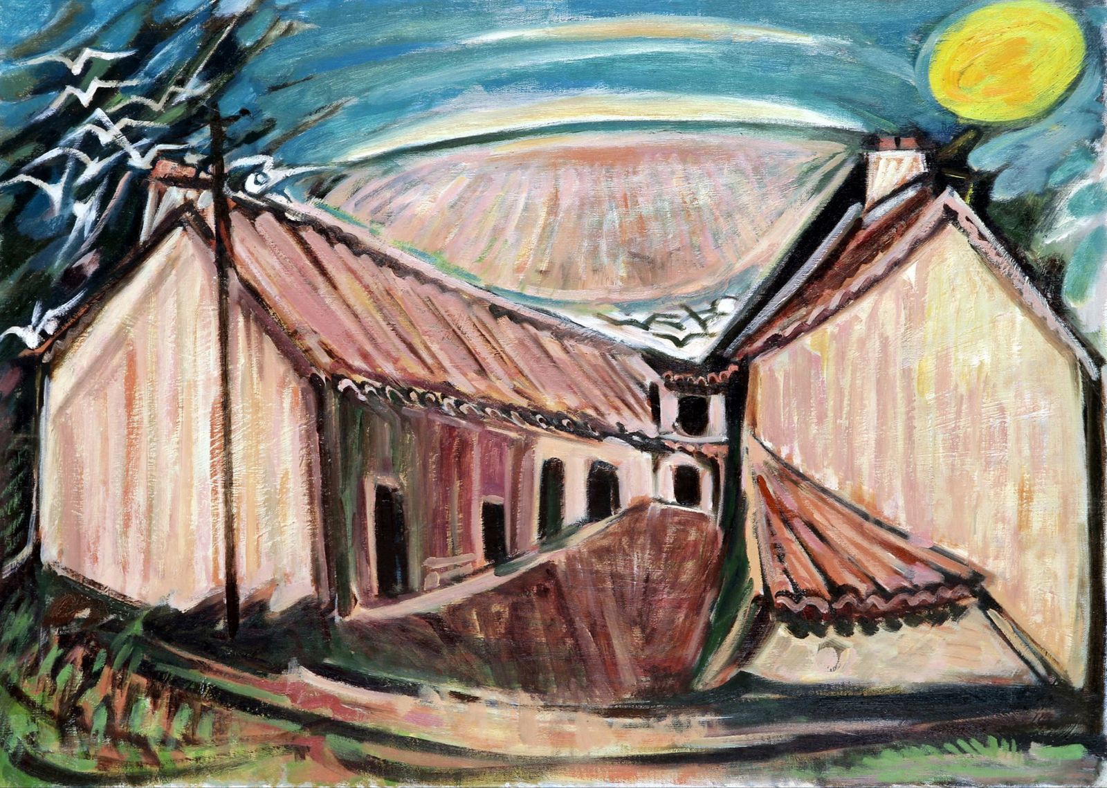 Louis Son (1921-1996) « House at Dusk ». Huile sur toile