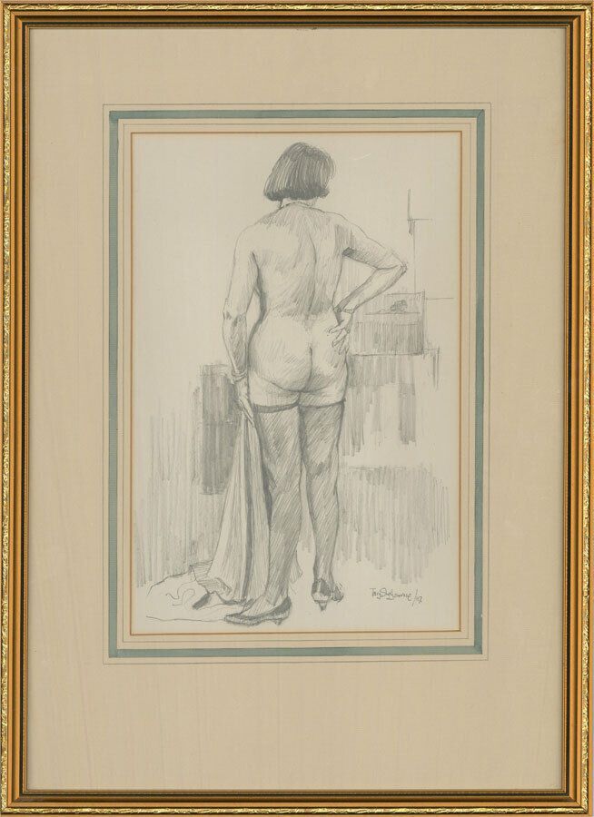 Terry Shelbourne (1930 2020)   1987 Graphite Drawing, Lady In Thigh Highs