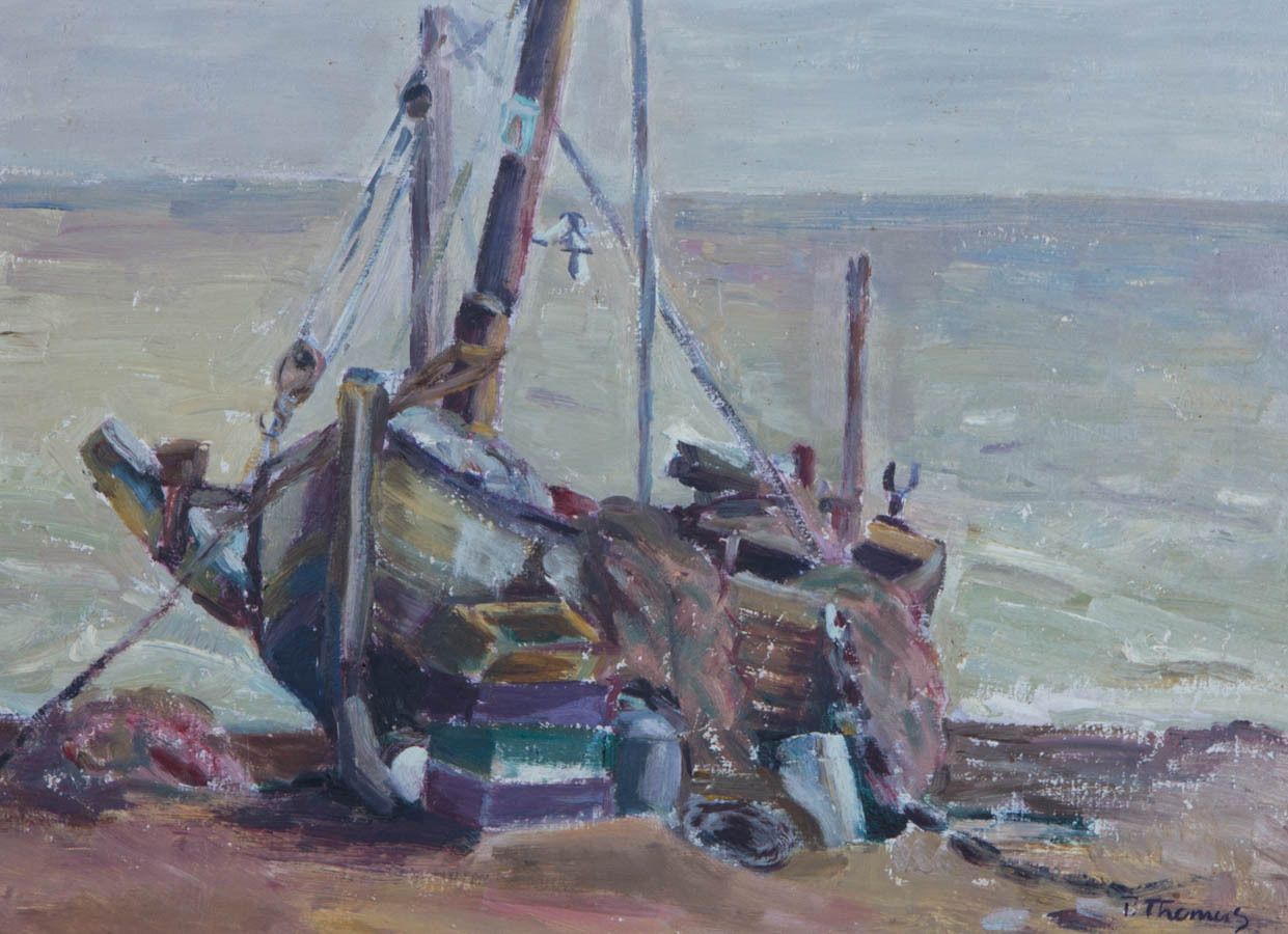 P. Thomas   Mid 20th Century Oil, Moored Boat photo furniture