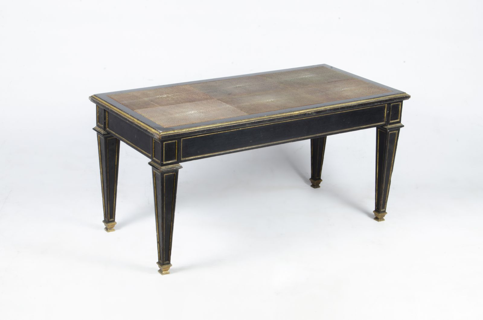 1930s Louis XVI Style Lacquered Wooden Low Coffee Table With Animal Skin Covered Top And Giltbronze Accents By Chanaux & Pelletier, France