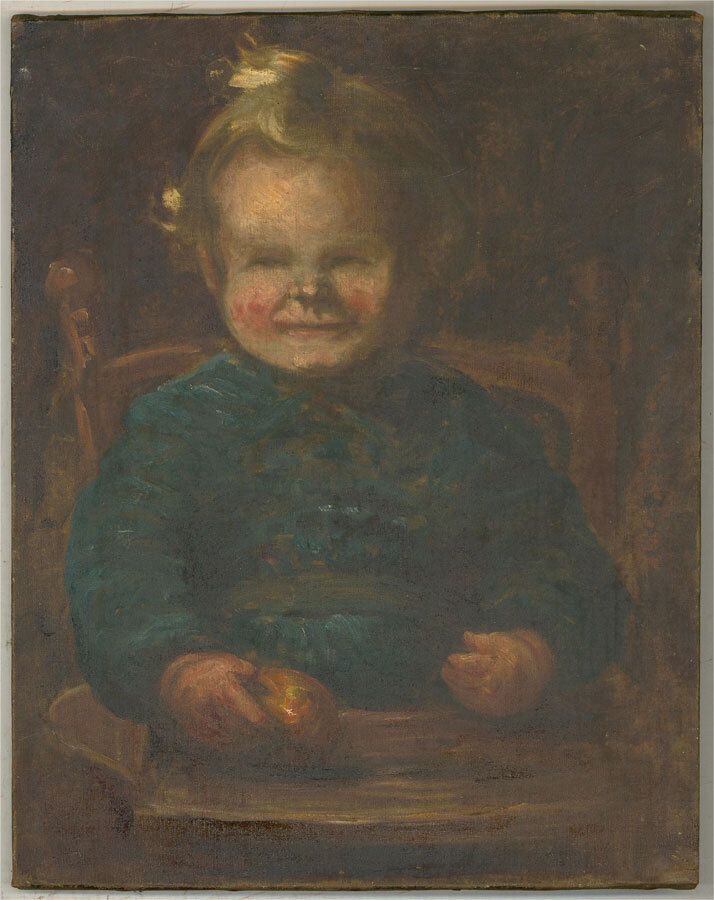 Early 20th Century Oil   Baby With Apple photo for sale