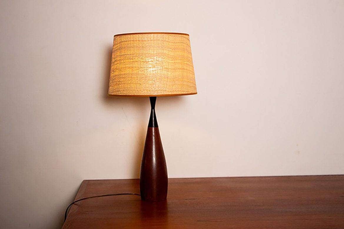 photo for sale Large Danish Keel Shaped Table Lamp In Teak And Ebony By Fog & Morup 1960.