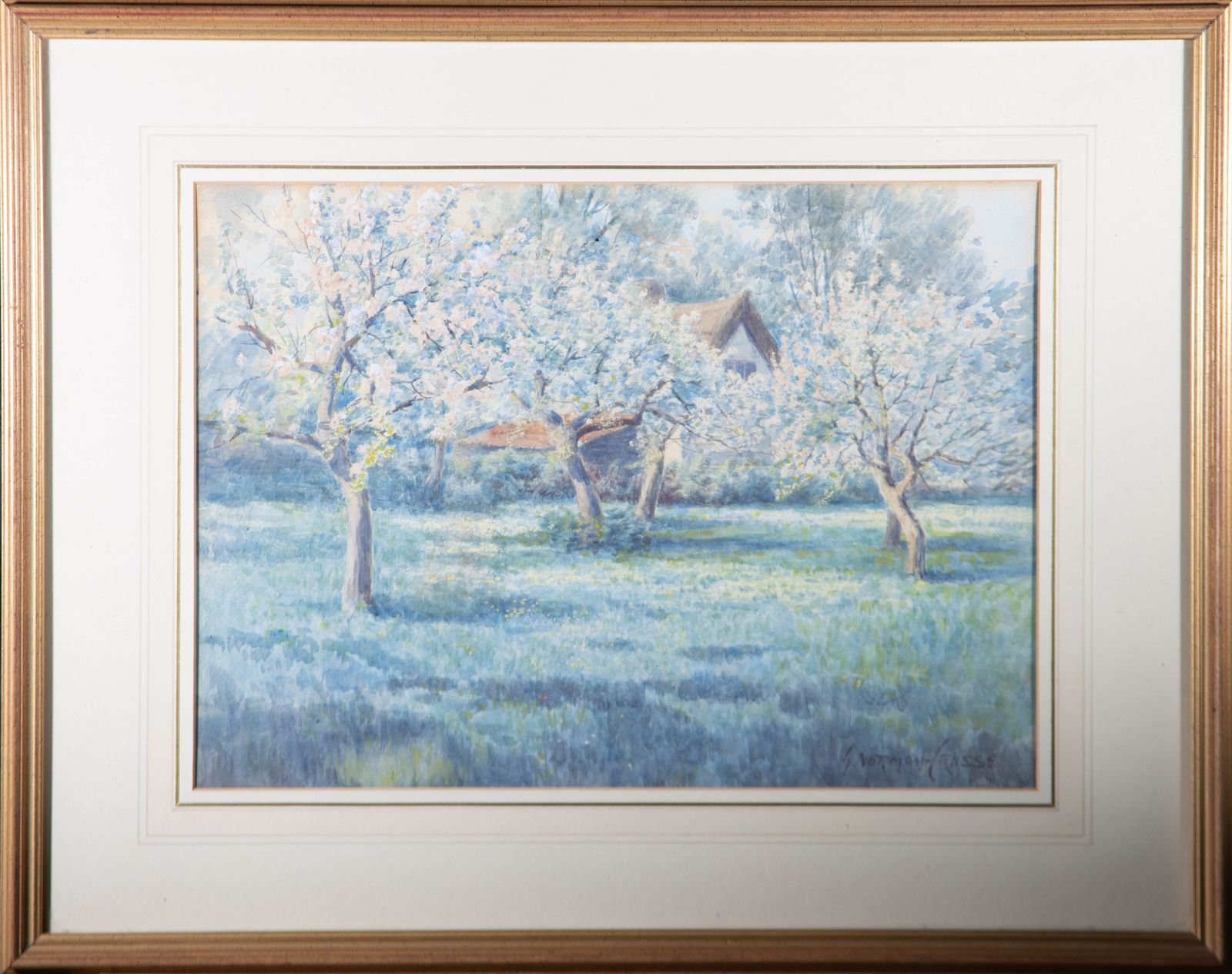 George Norman Crosse (C.1871–1912)   Watercolour, View Of An Orchard In Blossom