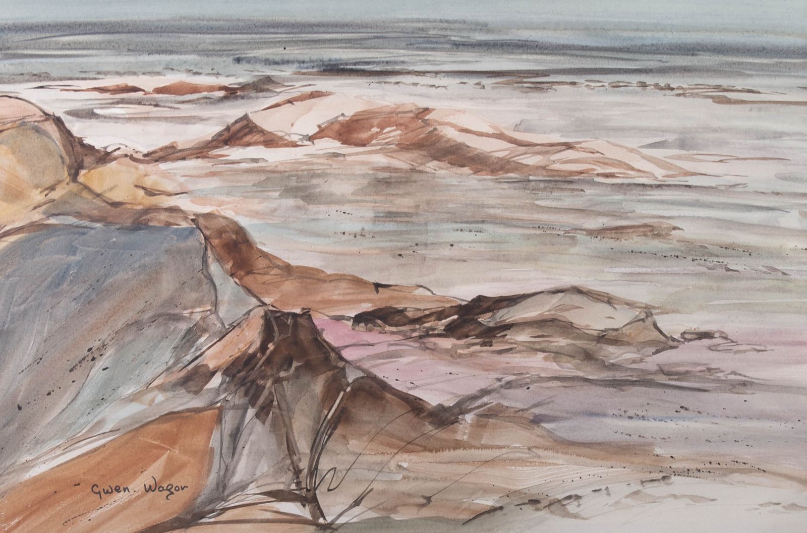 Gwen Wagor (1924 2011)   20th Century Watercolour, Rocky Shoreline photo furniture
