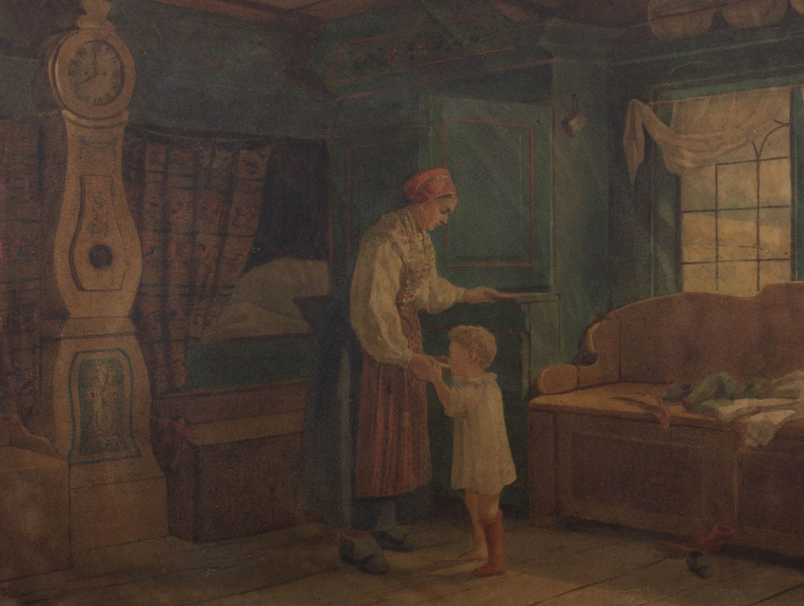 Virginia Larsson (1844 1893)   Swedish Watercolour, Woman And Child photo furniture