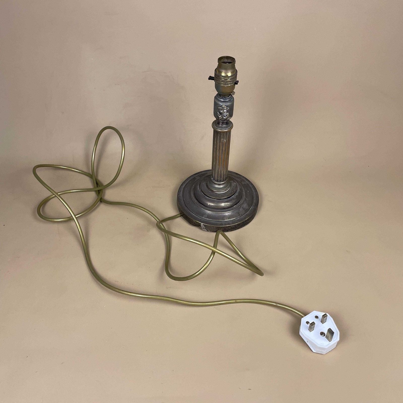 photo for sale Antique Metal Gold Tarnished Lamp Table Light Ornate Vintage Column Pillar Round Base Short Nautical Ship Anchor Theme