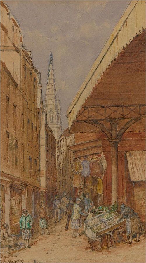 P. Bedecy   Signed 1926 Watercolour, Market Street photo furniture
