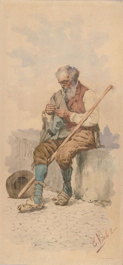 Eduard Vitali   Late 19th Century Watercolour, Old Man With A Pipe photo furniture
