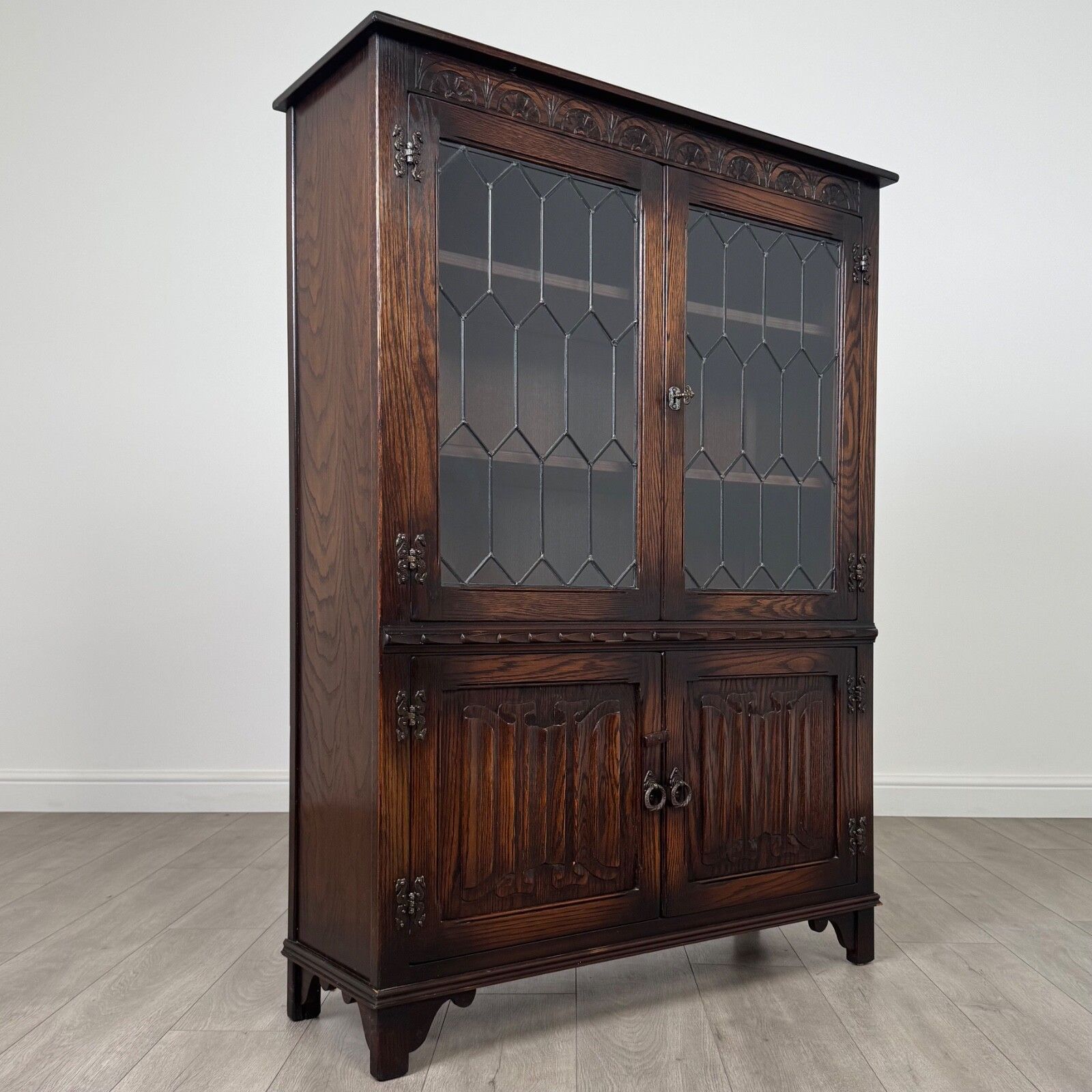photo for sale Antique 20th Century Linenfold Display Cabinet In Oak