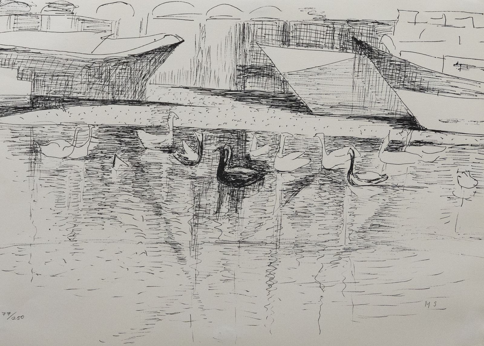 M. S.   South African Achool 20th Century Lithograph, Watching Swans