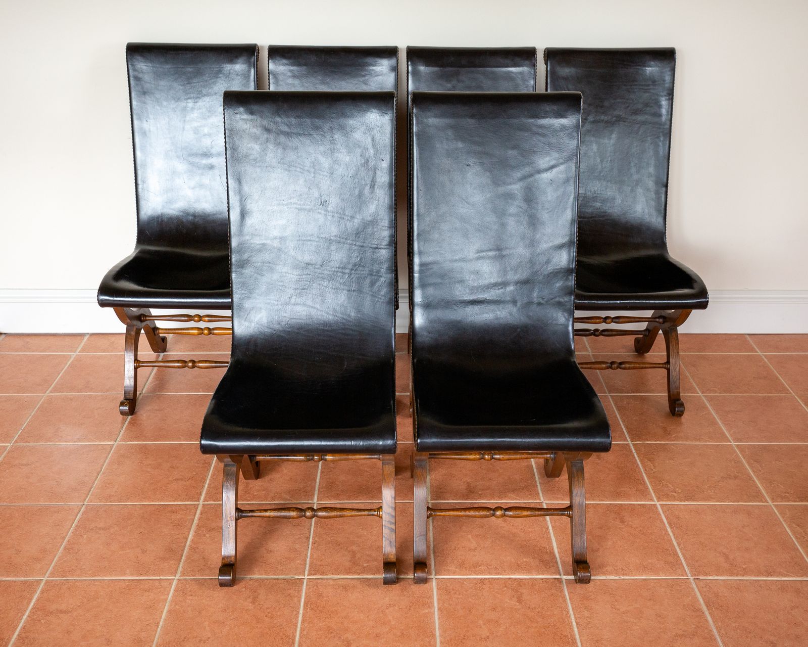 6 Spanish Oak Leather Dining Chairs By Pierre Lottier Valmazan Mid Century Neoclassical Colonial 1960s Black Leather Sling Seat Studded Leather photo vintage