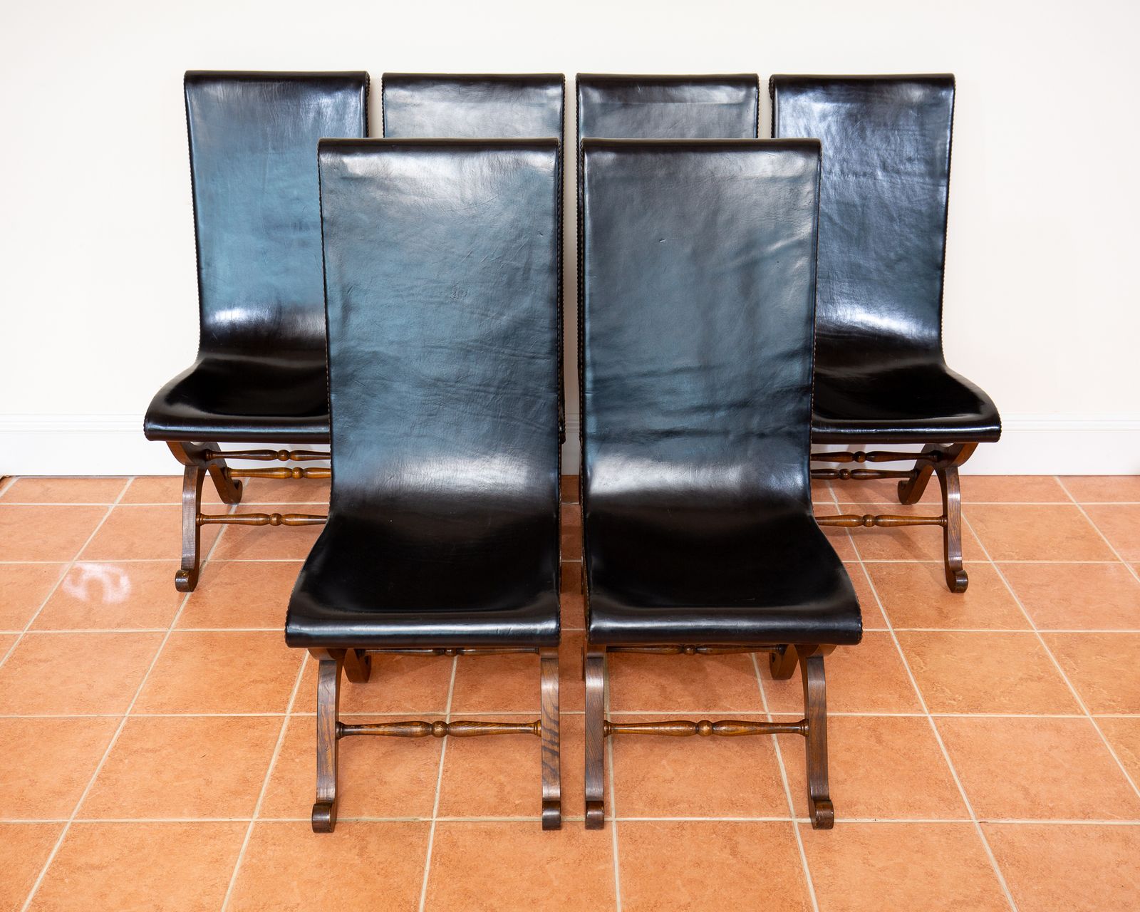 6 Spanish Oak Leather Dining Chairs By Pierre Lottier Valmazan Mid Century Neoclassical Colonial 1960s Black Leather Sling Seat Studded Leather photo 10250.0