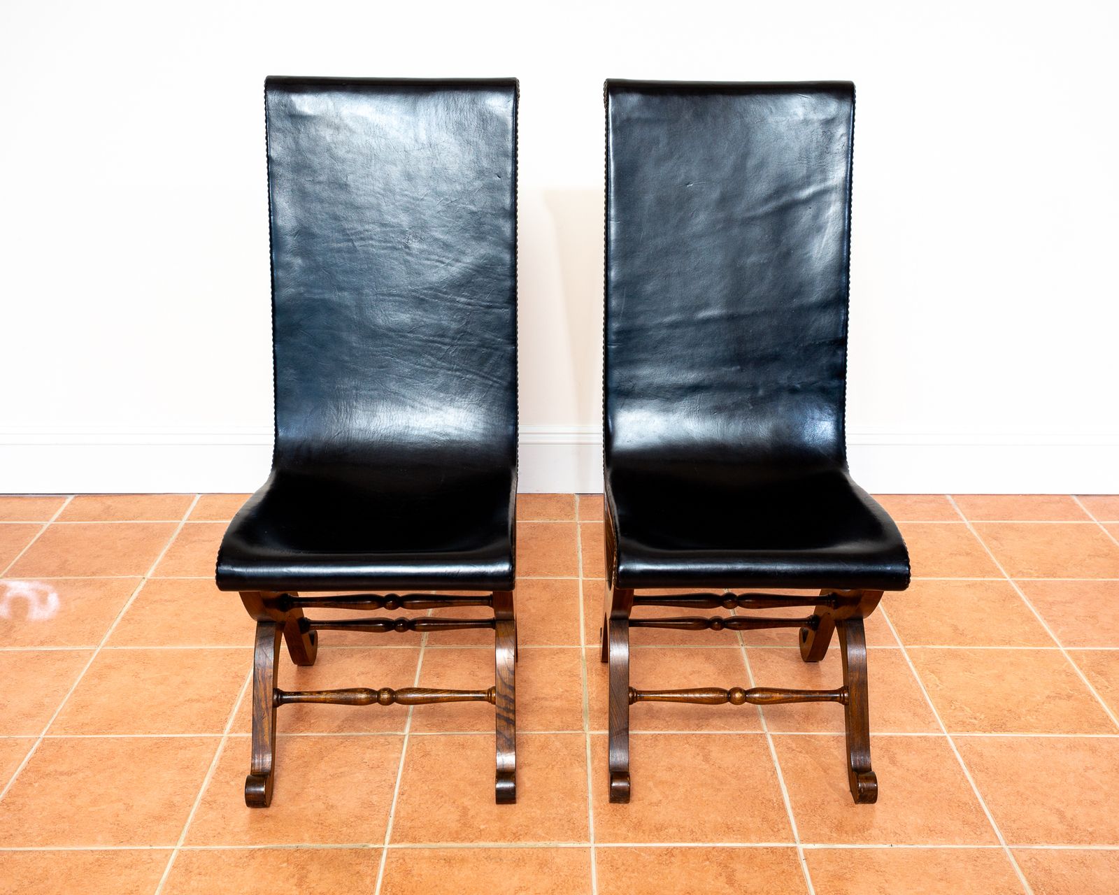 Furniture 6 Spanish Oak Leather Dining Chairs By Pierre Lottier Valmazan Mid Century Neoclassical Colonial 1960s Black Leather Sling Seat Studded Leather photo