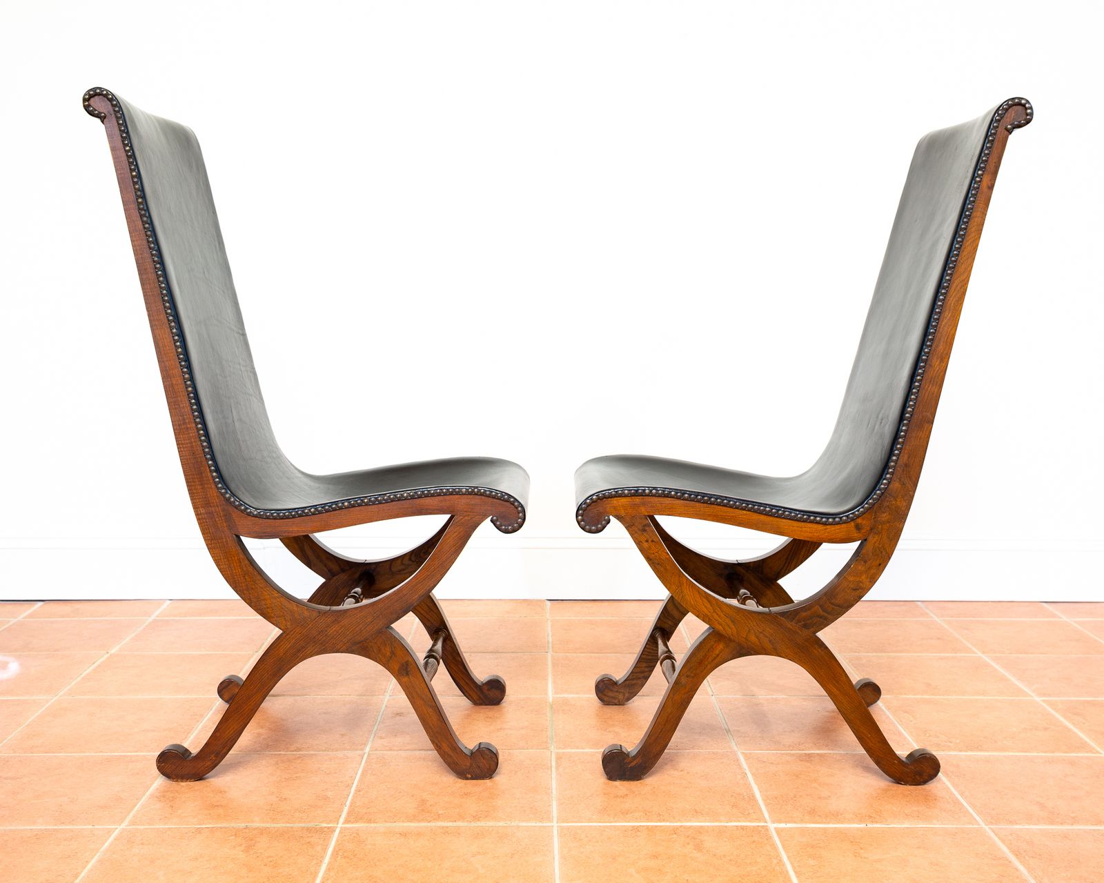 6 Spanish Oak Leather Dining Chairs By Pierre Lottier Valmazan Mid Century Neoclassical Colonial 1960s Black Leather Sling Seat Studded Leather photo vinterior