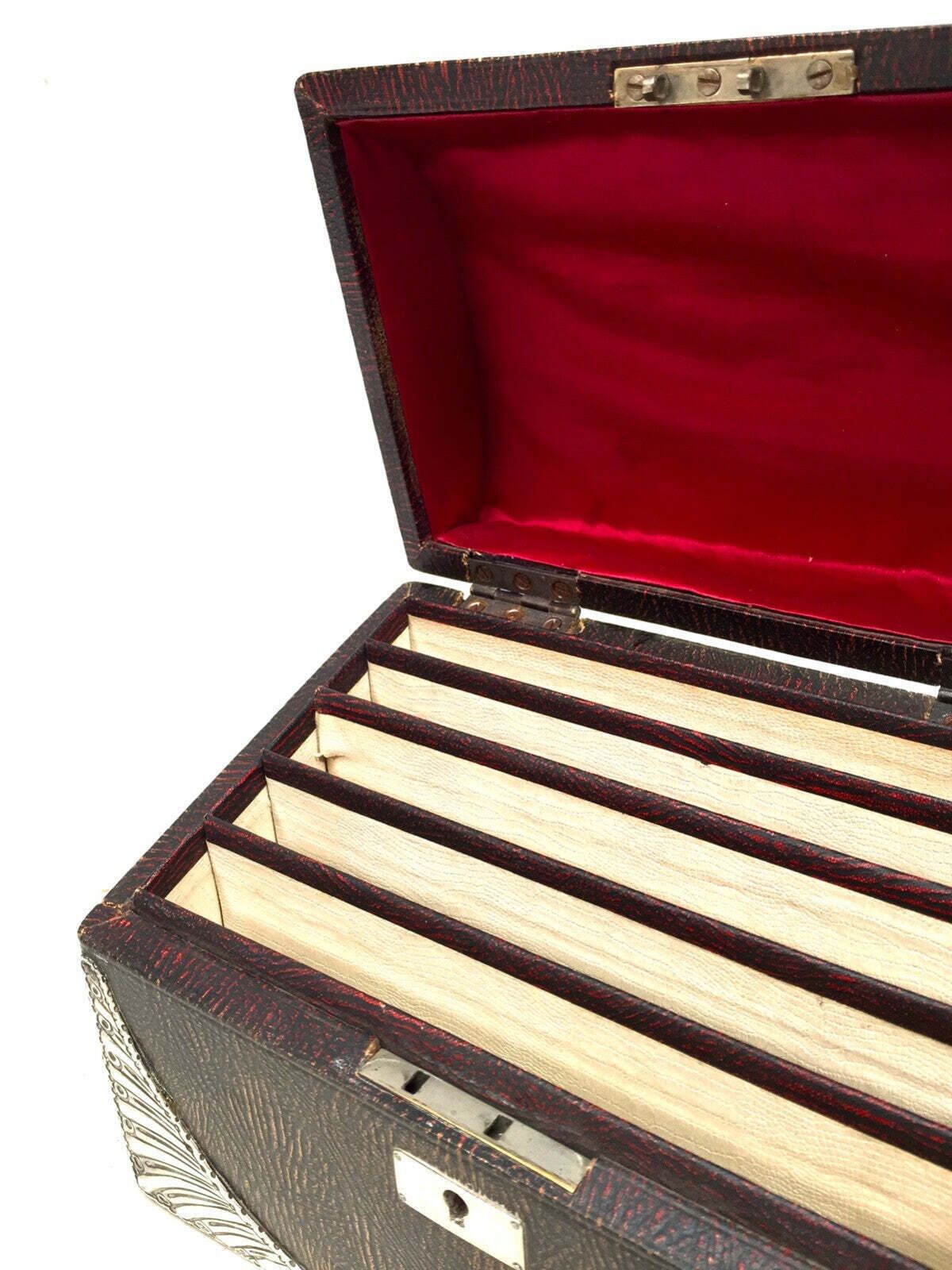 Antique Victorian Tabletop Leather Stationery Letter Paper Box / Sterling Silver photo vinterior