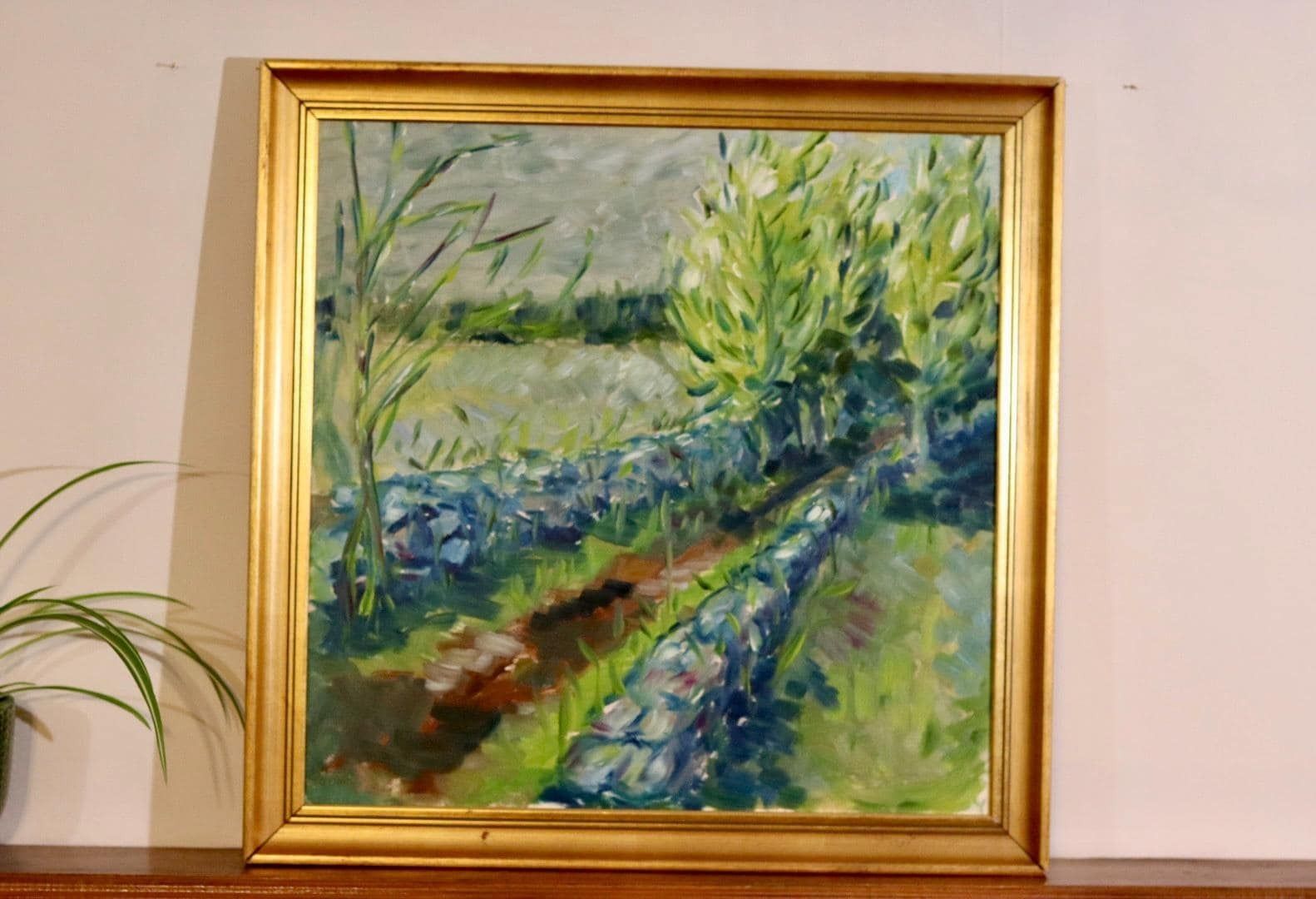 Original Swedish Mid Century Oil On Canvas "Path"   Vintage & Framed photo furniture