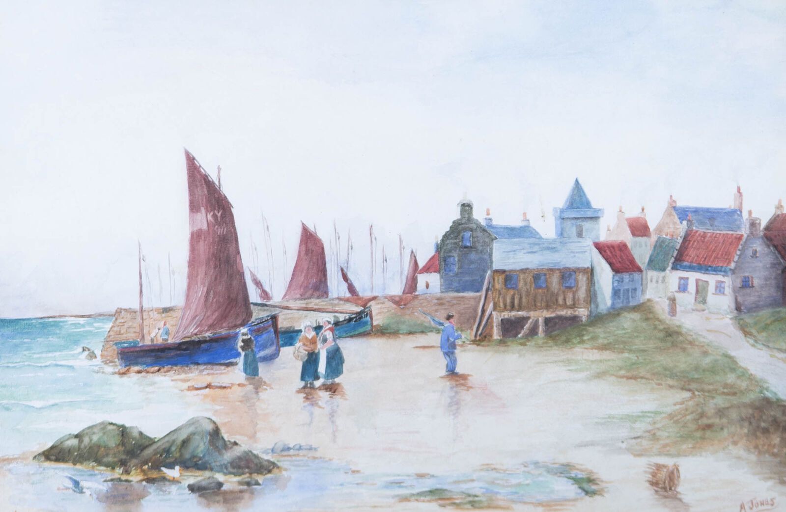 A. Jones   Early 20th Century Watercolour, Fishing Village photo furniture