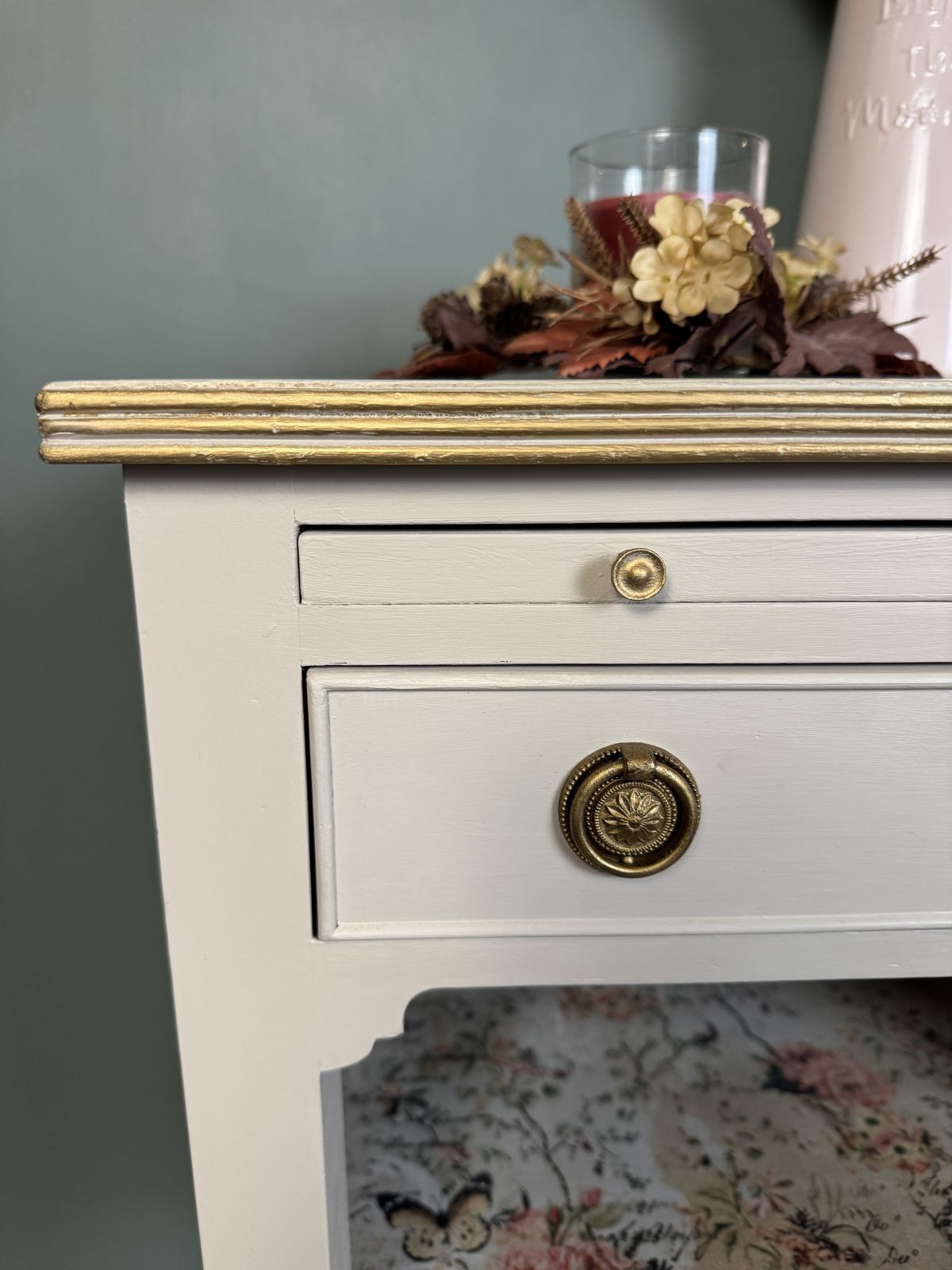 Victorian Revival Writing Table – Hand Painted In Cathedral Taupe With Gold Accents photo 180.0