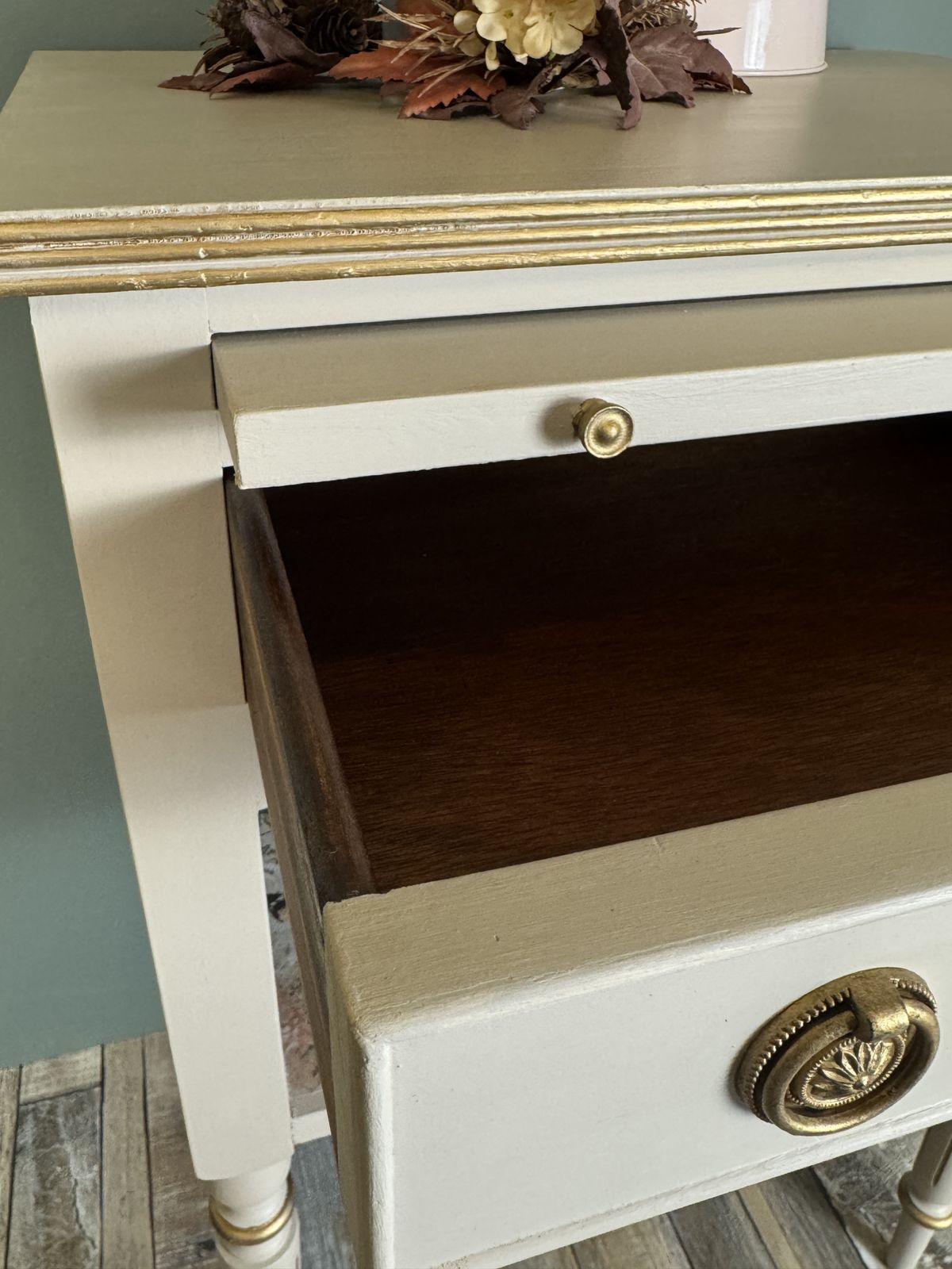 Victorian Revival Writing Table – Hand Painted In Cathedral Taupe With Gold Accents photo buy