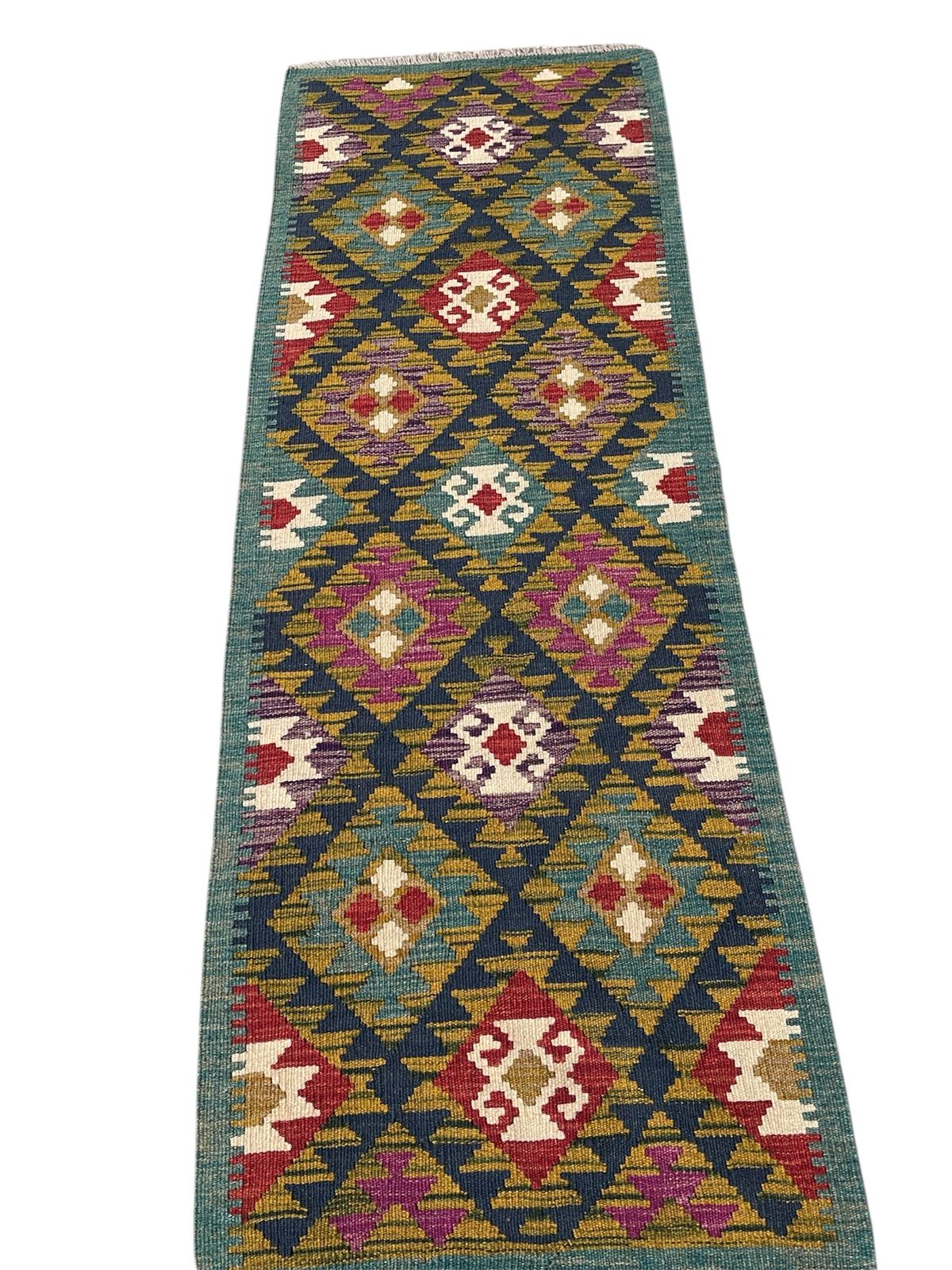 Maimana Kilim Runner Rug, Green Ground, 198x66cm.