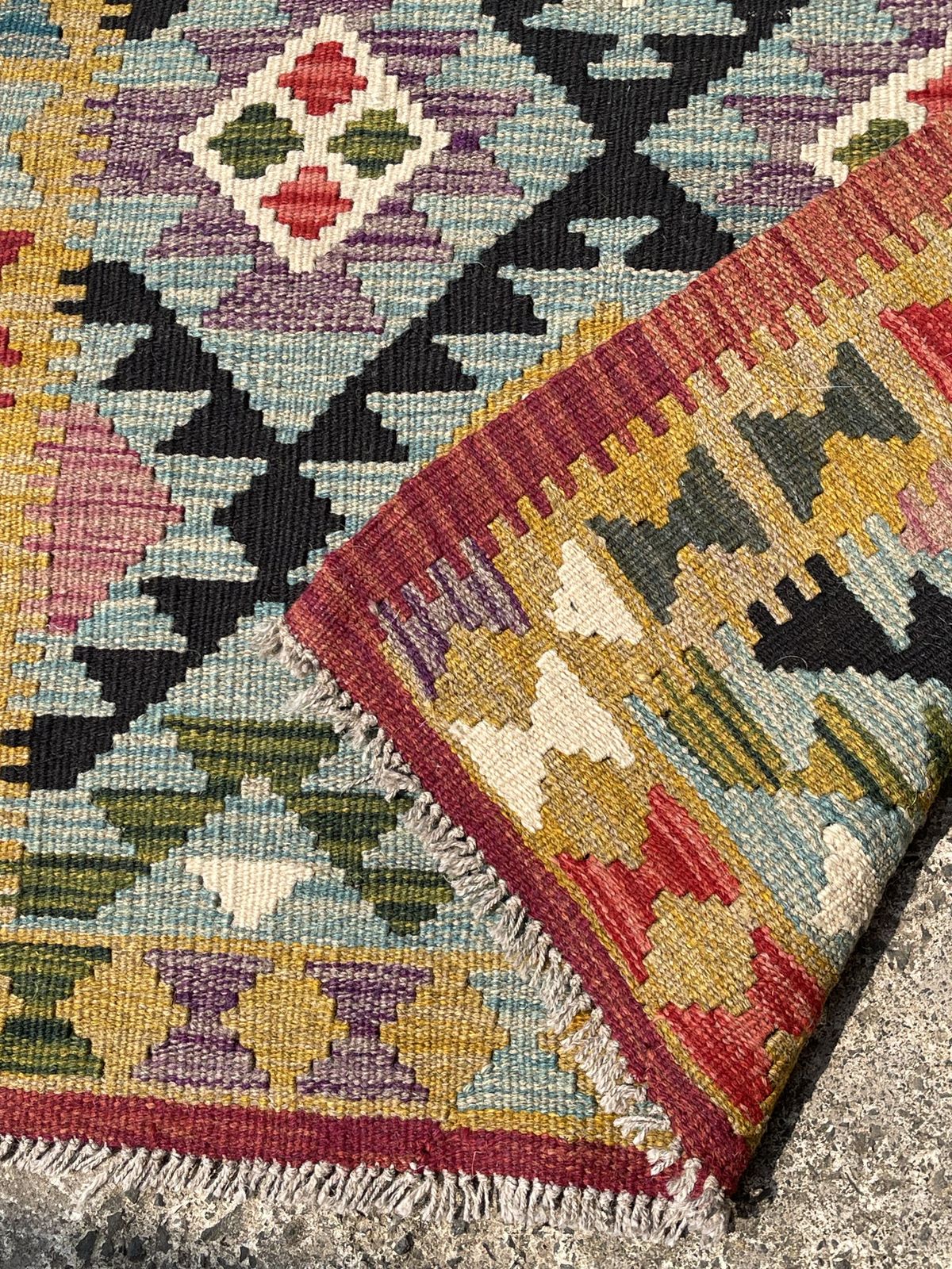 Maimana Kilim Runner, Red Trim & Green Border, 295cm X 81cm photo Textiles