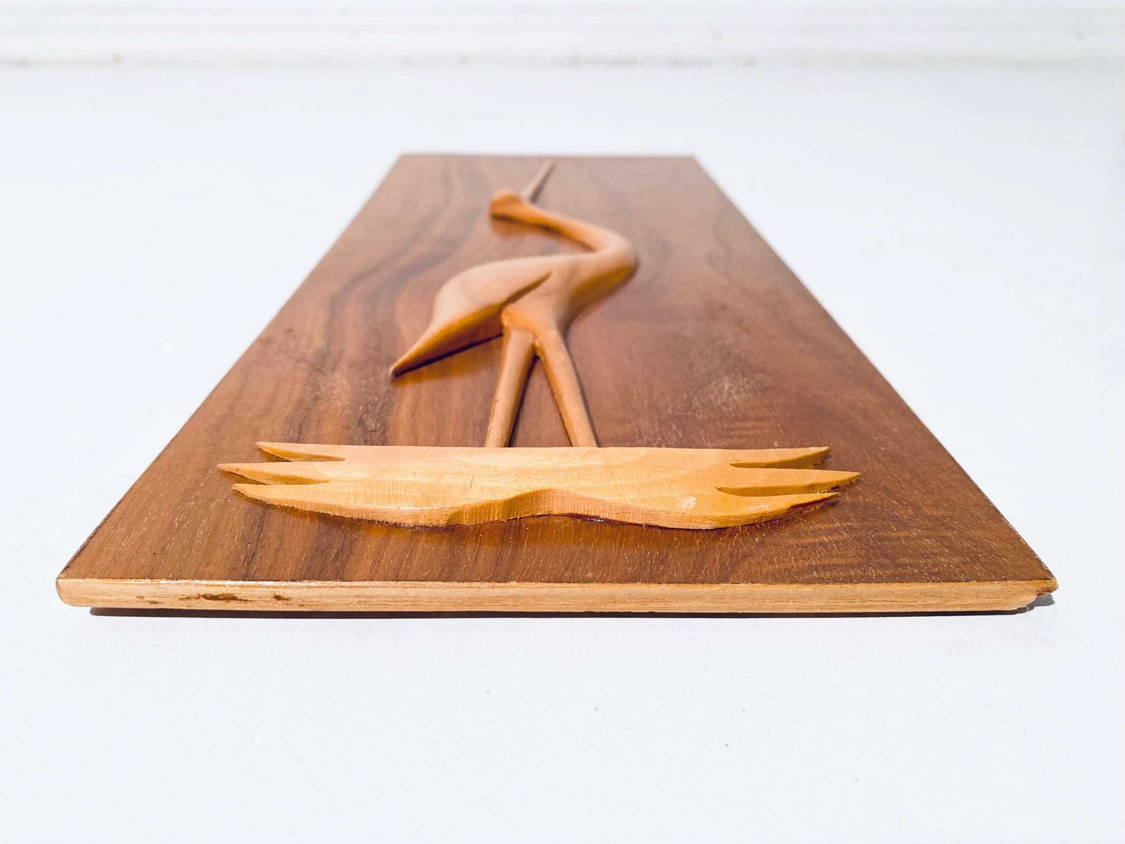 Mid Century Teak Crane Bird Motif Wood Picture / Vintage 50s 60s Wall Decor photo vinterior