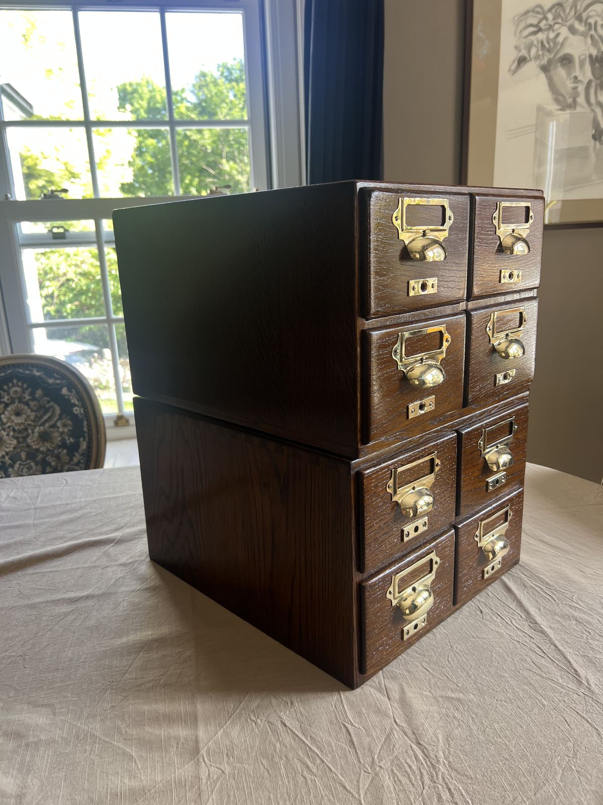 Antique Oak Library Index Card Drawers With Brass Handles Two Sets Of 4 photo furniture