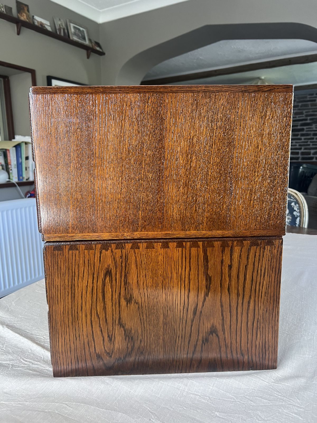 Antique Oak Library Index Card Drawers With Brass Handles Two Sets Of 4 photo vinterior