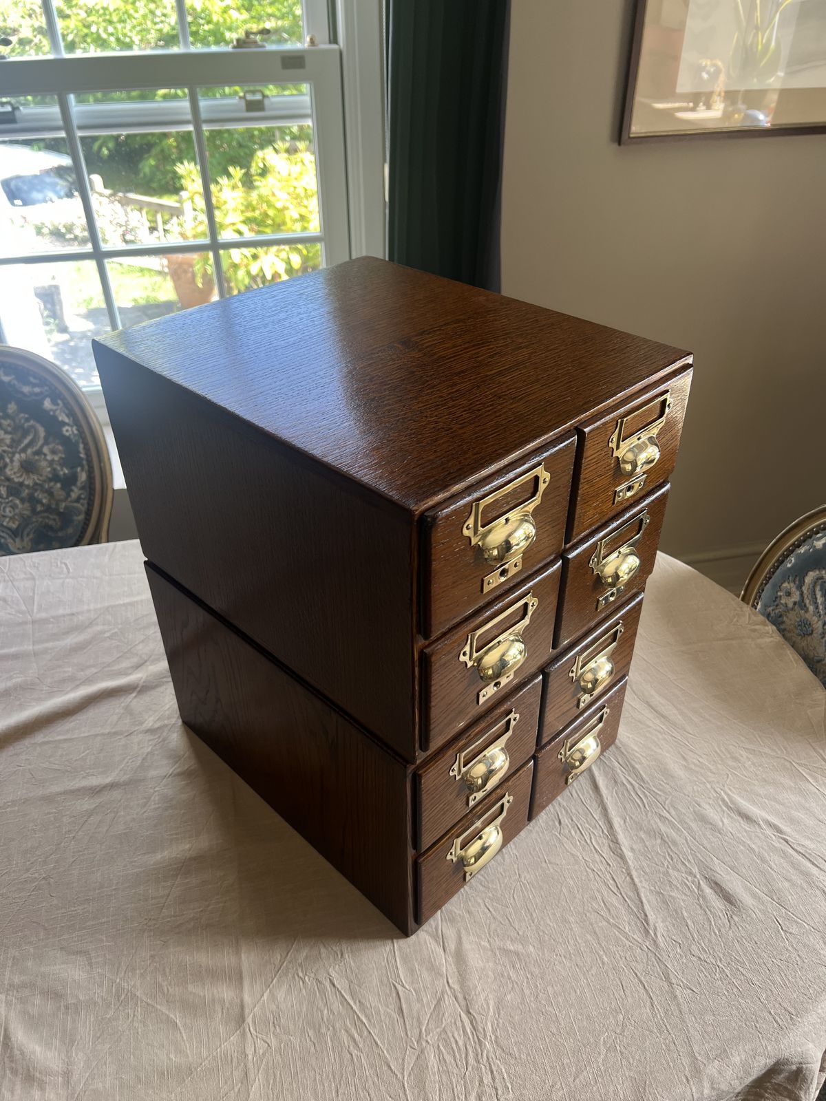 Antique Oak Library Index Card Drawers With Brass Handles Two Sets Of 4 photo vintage
