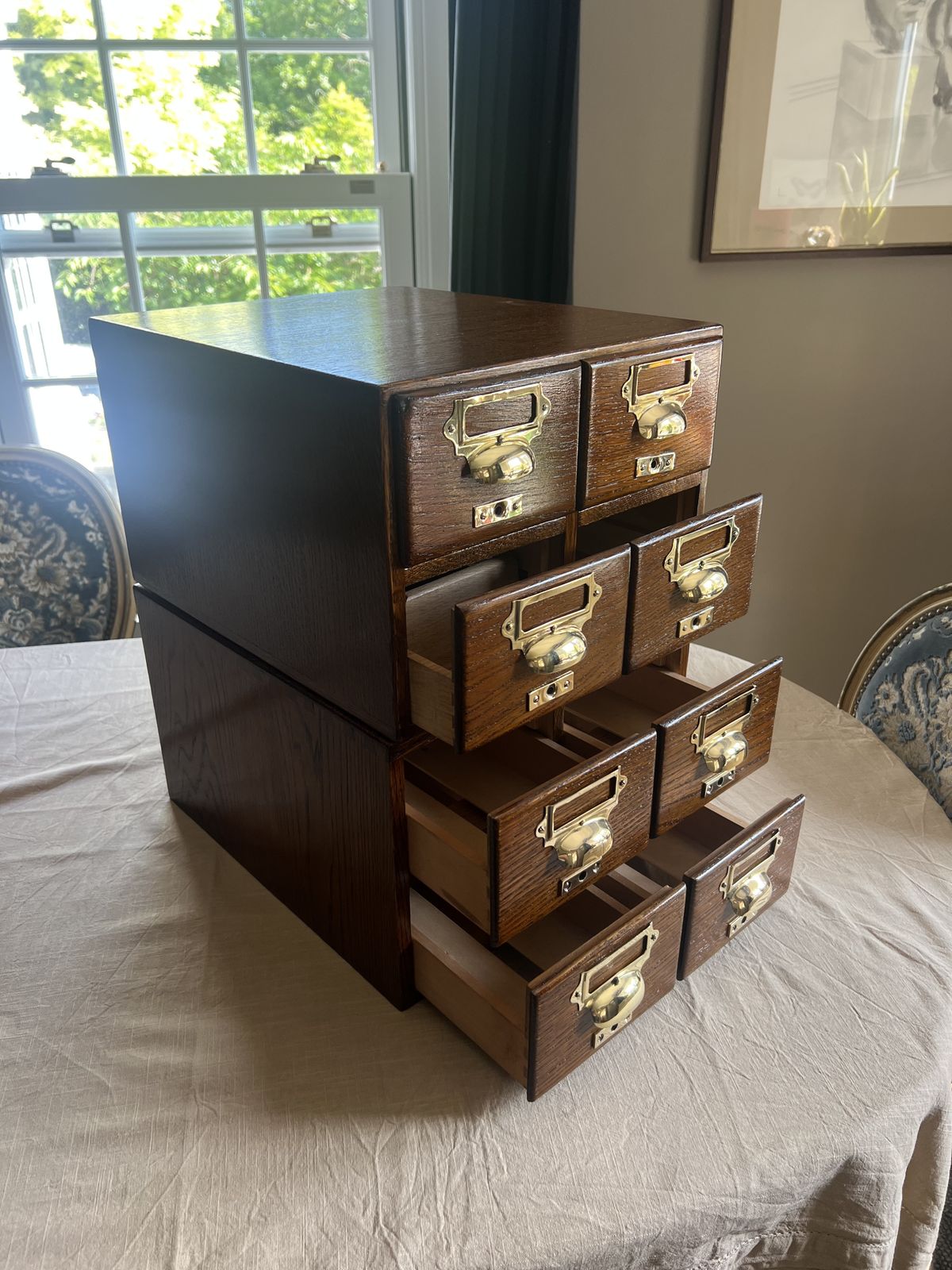 photo for sale Antique Oak Library Index Card Drawers With Brass Handles Two Sets Of 4