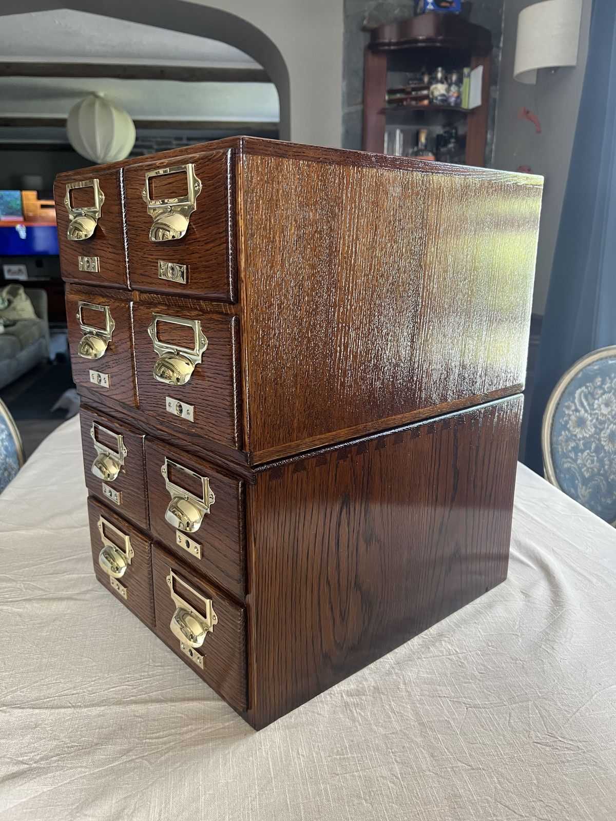 Furniture Antique Oak Library Index Card Drawers With Brass Handles Two Sets Of 4 photo