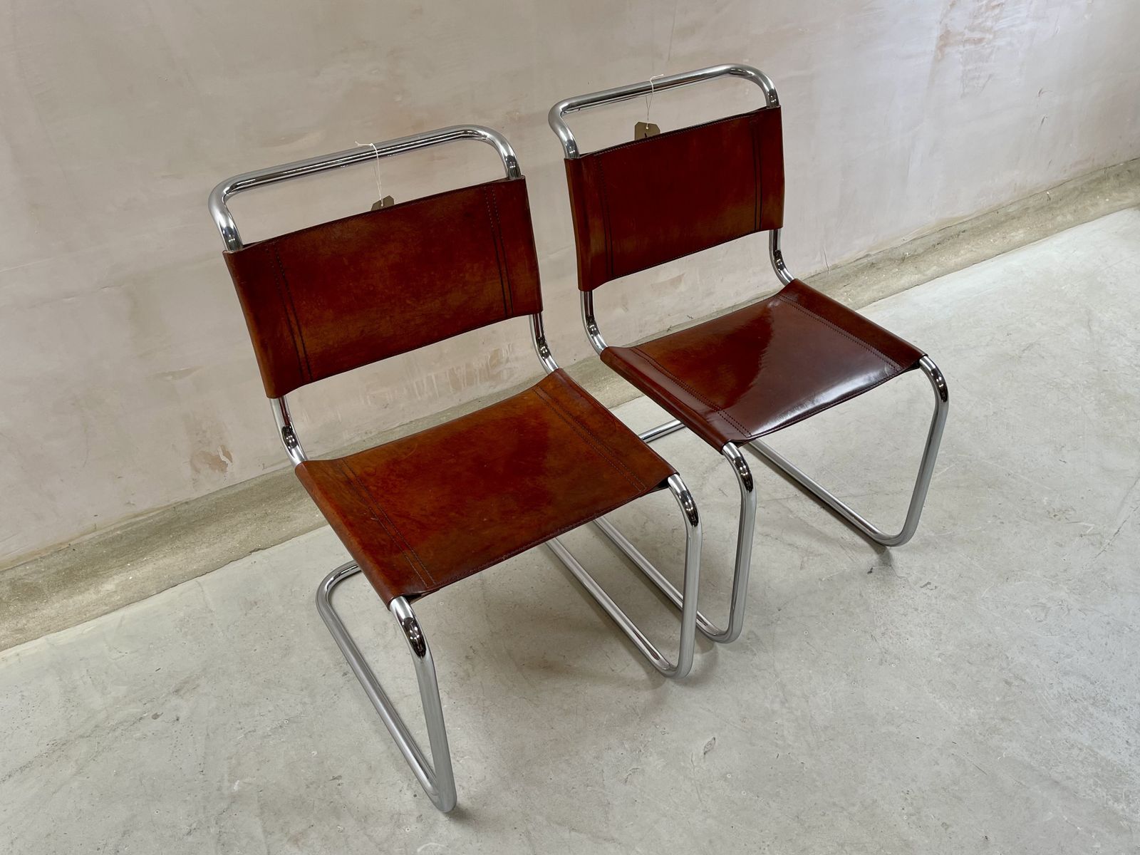 Pair Dining Or Desk Chairs Mart Stam Marcel Breuer S33 Set Of Two 2 Fasem Chrome Tan Cognac Brown Leather Cantilever Bauhaus photo vintage