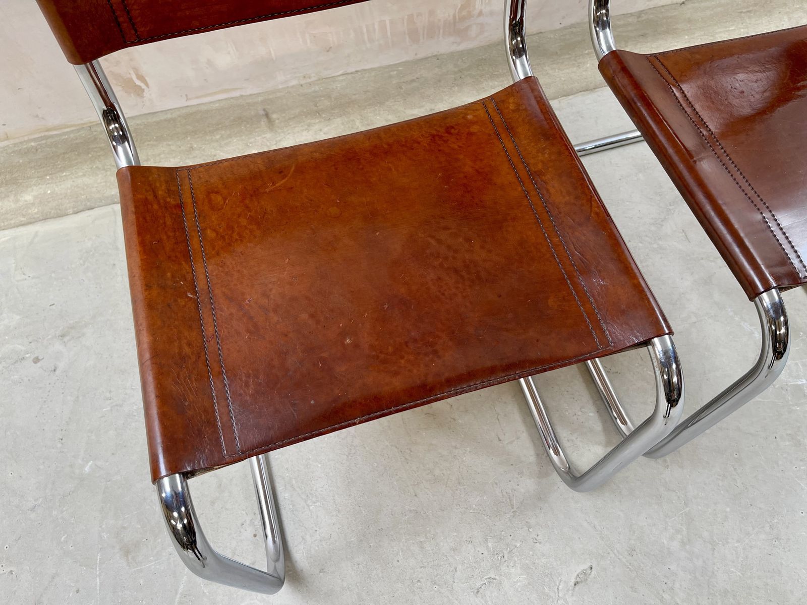 Furniture Pair Dining Or Desk Chairs Mart Stam Marcel Breuer S33 Set Of Two 2 Fasem Chrome Tan Cognac Brown Leather Cantilever Bauhaus photo