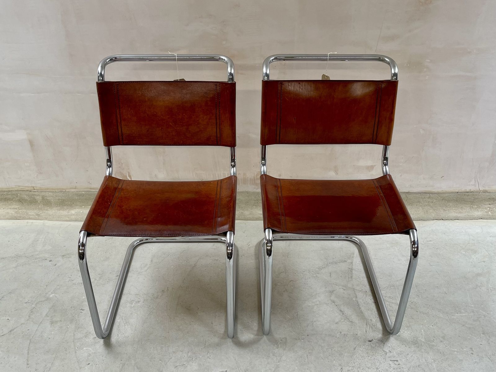 photo vinterior Pair Dining Or Desk Chairs Mart Stam Marcel Breuer S33 Set Of Two 2 Fasem Chrome Tan Cognac Brown Leather Cantilever Bauhaus