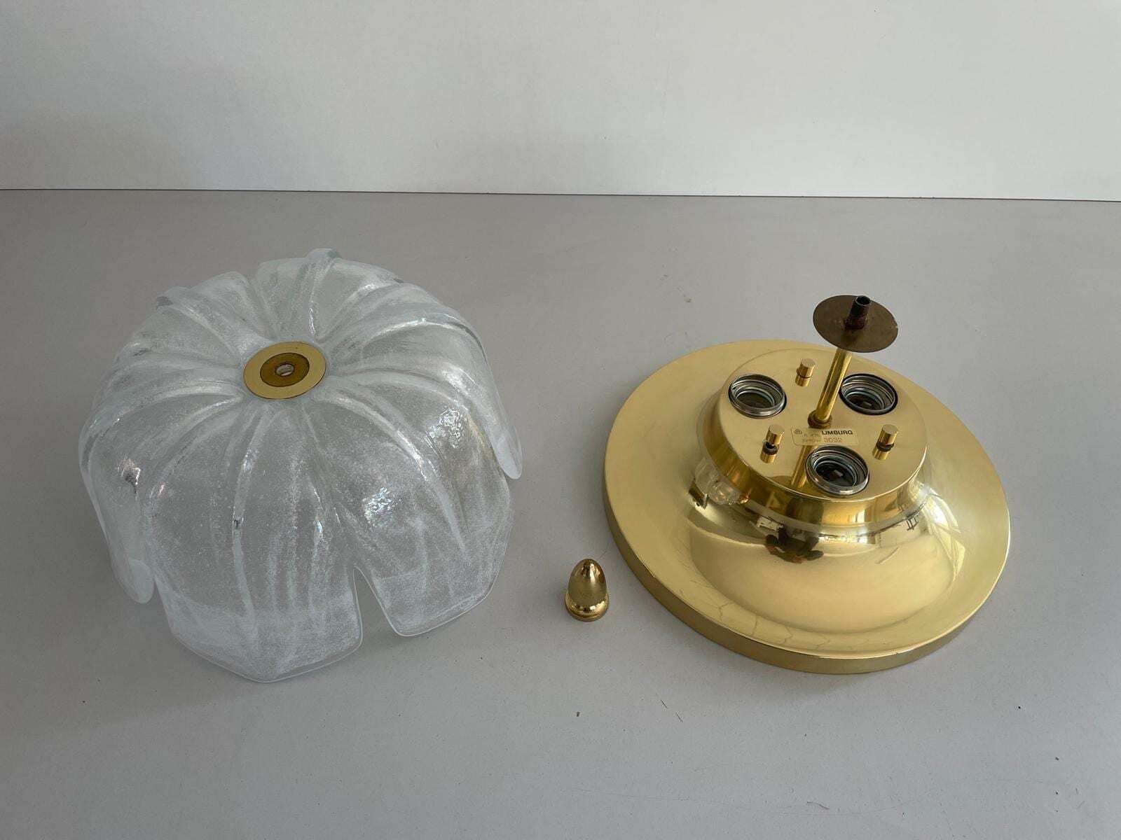 Flower Design Glass And Brass Flush Mount Ceiling Lamp By Limburg, 1960s, Germany photo Lighting