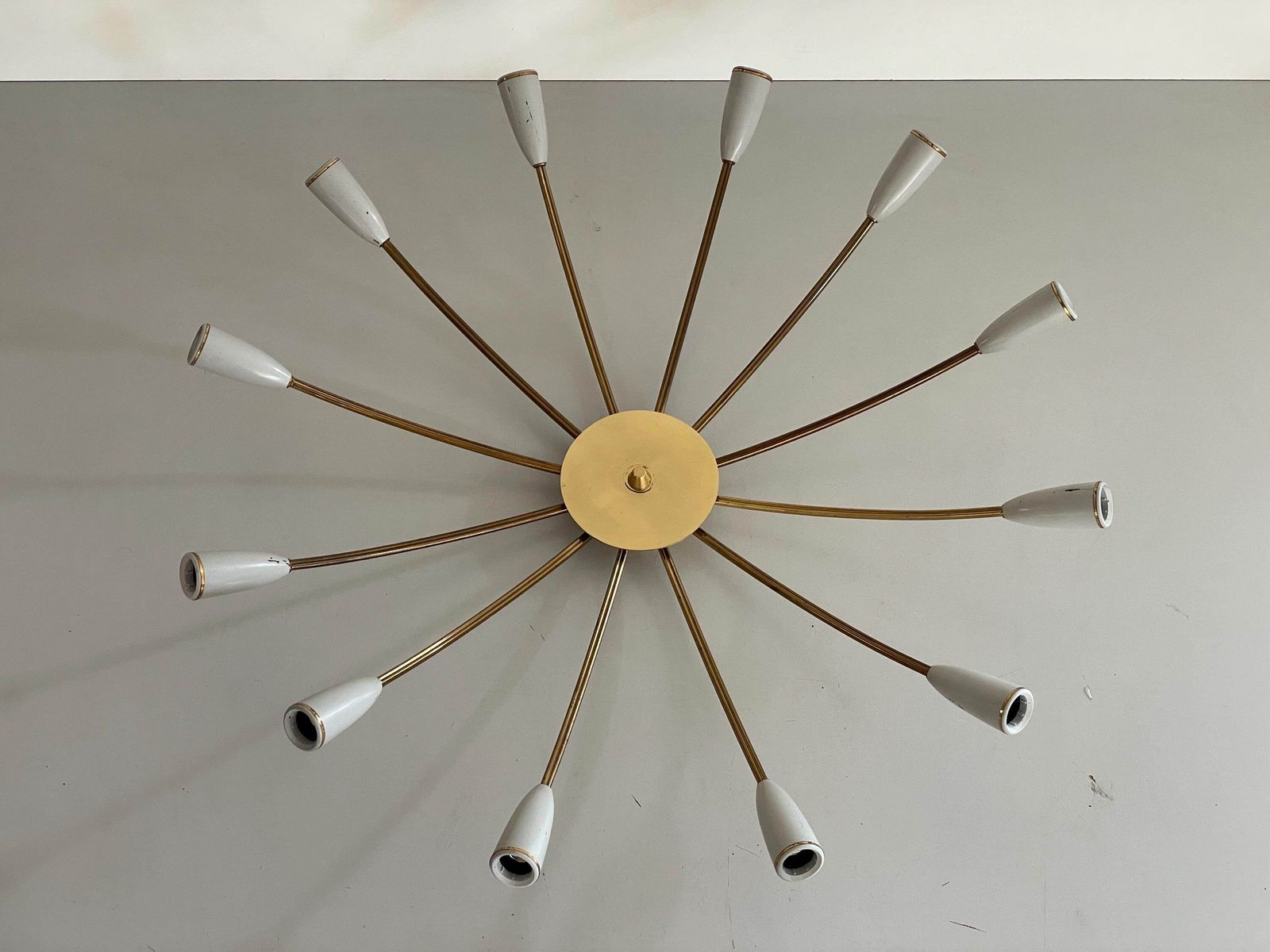 Mid Century Gray Metal And Brass Body 12 Armed Sputnik Ceiling Lamp, 1950s, Germany