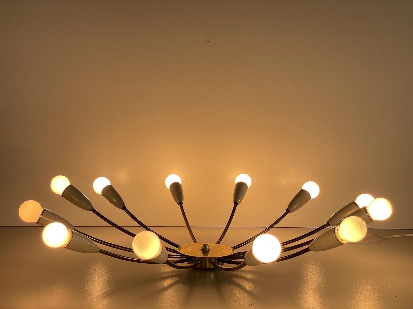 Mid Century Gray Metal And Brass Body 12 Armed Sputnik Ceiling Lamp, 1950s, Germany photo vinterior