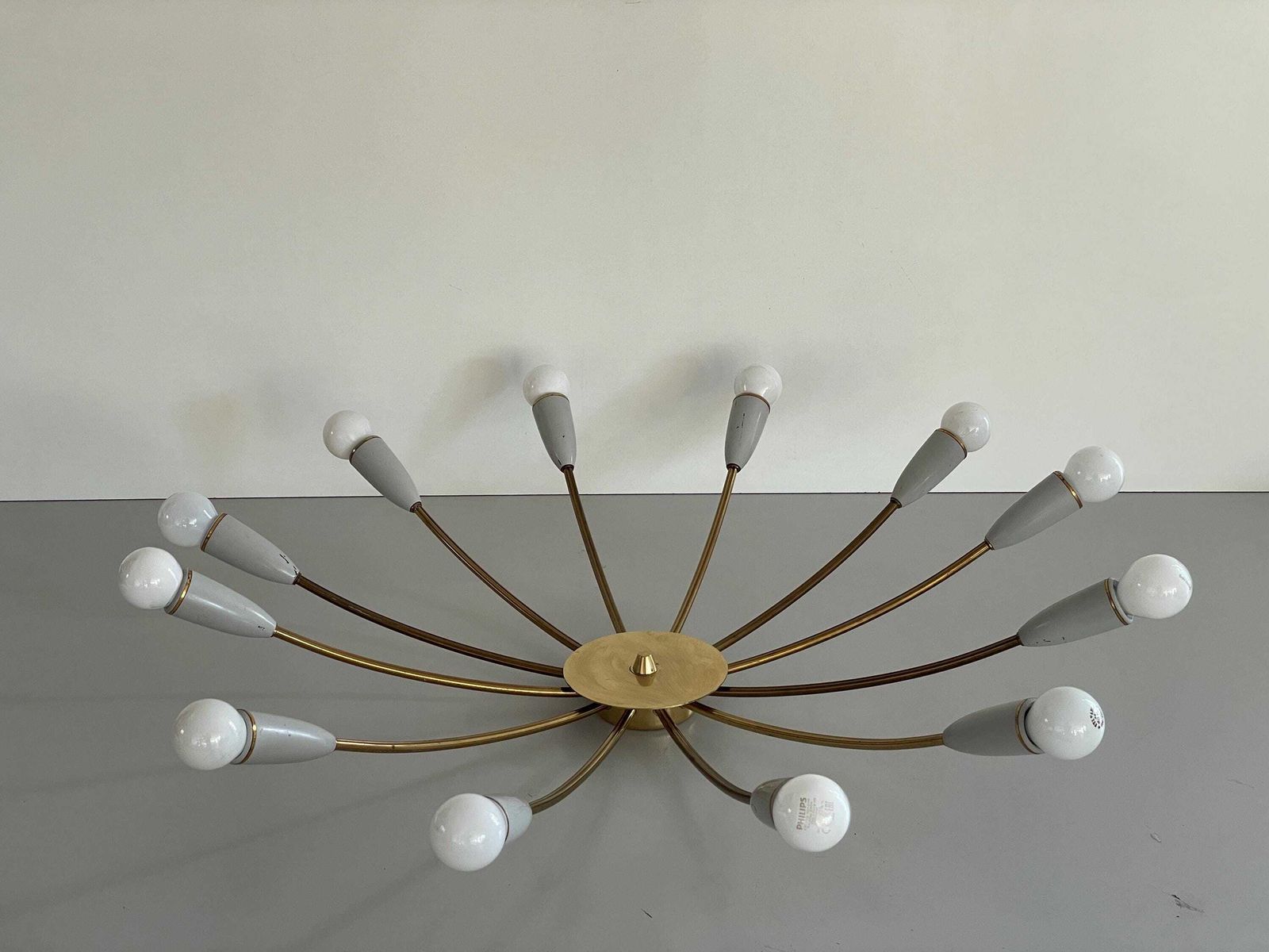 Mid Century Gray Metal And Brass Body 12 Armed Sputnik Ceiling Lamp, 1950s, Germany photo vintage