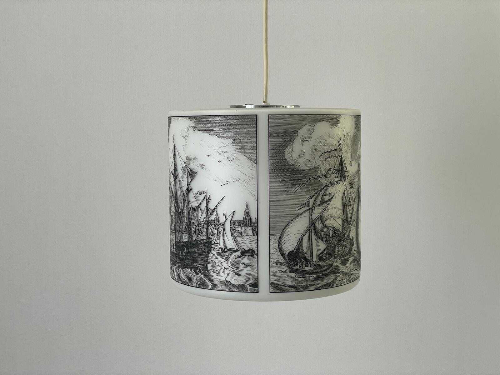 Naval Battle Printed Cylindrical White Glass Ceiling Lamp By Limburg, 1970s, Germany photo for sale