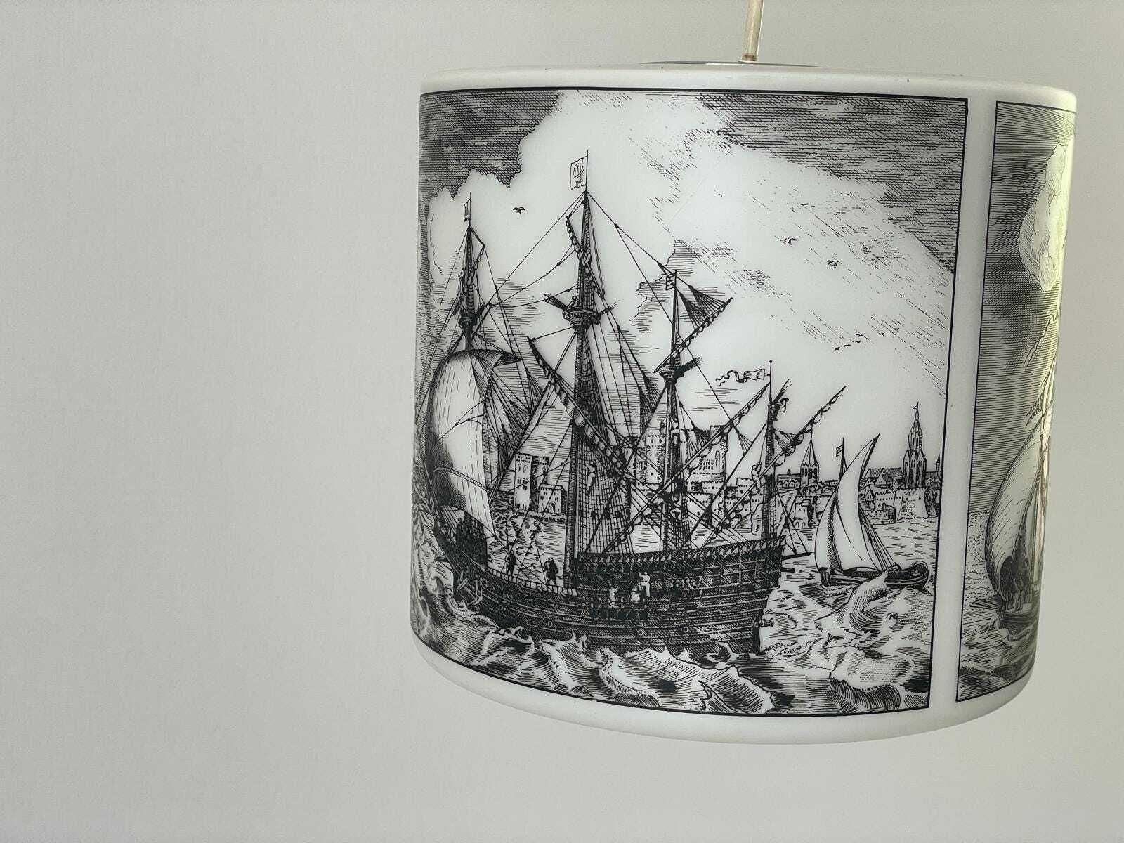 Naval Battle Printed Cylindrical White Glass Ceiling Lamp By Limburg, 1970s, Germany photo Lighting