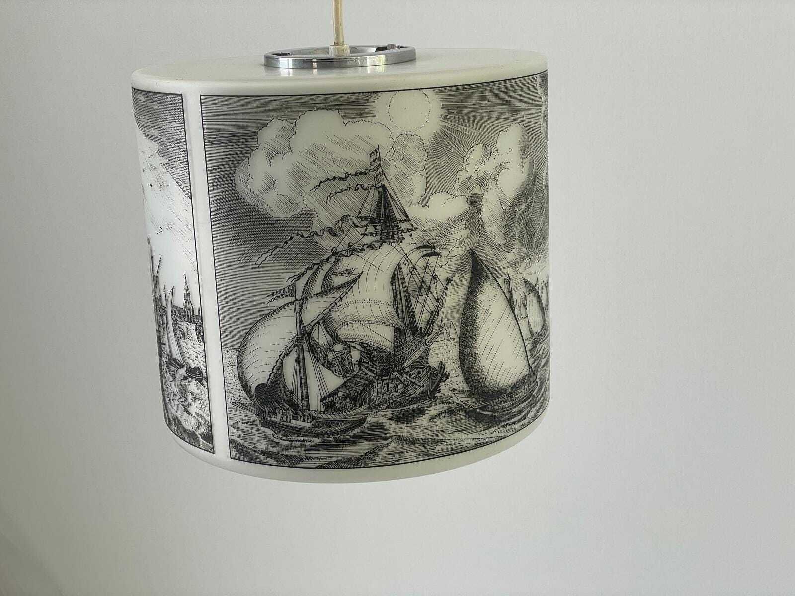 Naval Battle Printed Cylindrical White Glass Ceiling Lamp By Limburg, 1970s, Germany photo 1036.0
