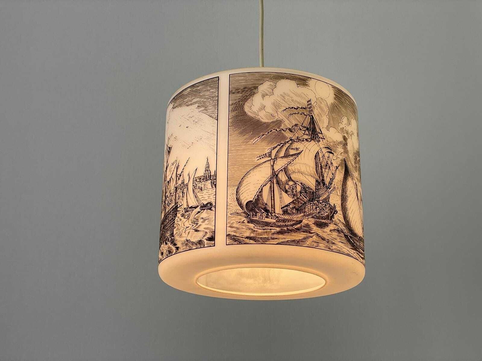 photo furniture Naval Battle Printed Cylindrical White Glass Ceiling Lamp By Limburg, 1970s, Germany