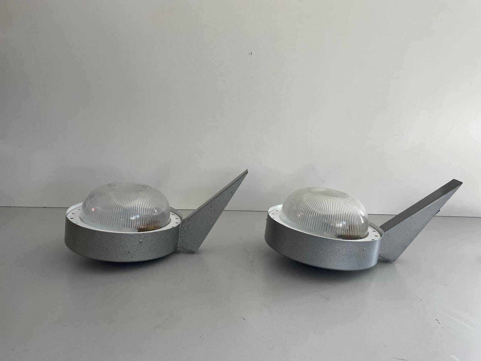 Italian Glass And Gray Metal Large Pair Of Industrial Outdoor Sconces, 1950s, Italy photo Lighting