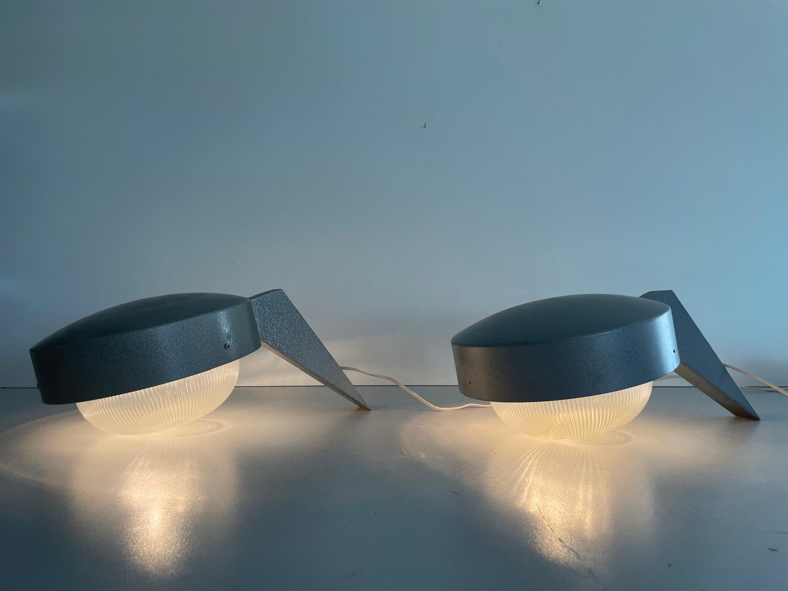Italian Glass And Gray Metal Large Pair Of Industrial Outdoor Sconces, 1950s, Italy photo vintage