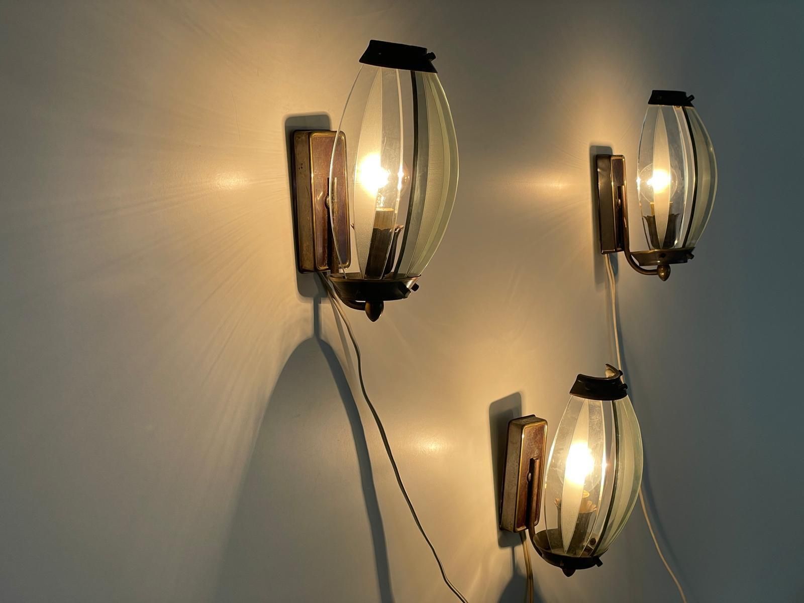 Italian Curved Glass And Metal Set Of 3 Sconces, 1950s, Italy photo furniture