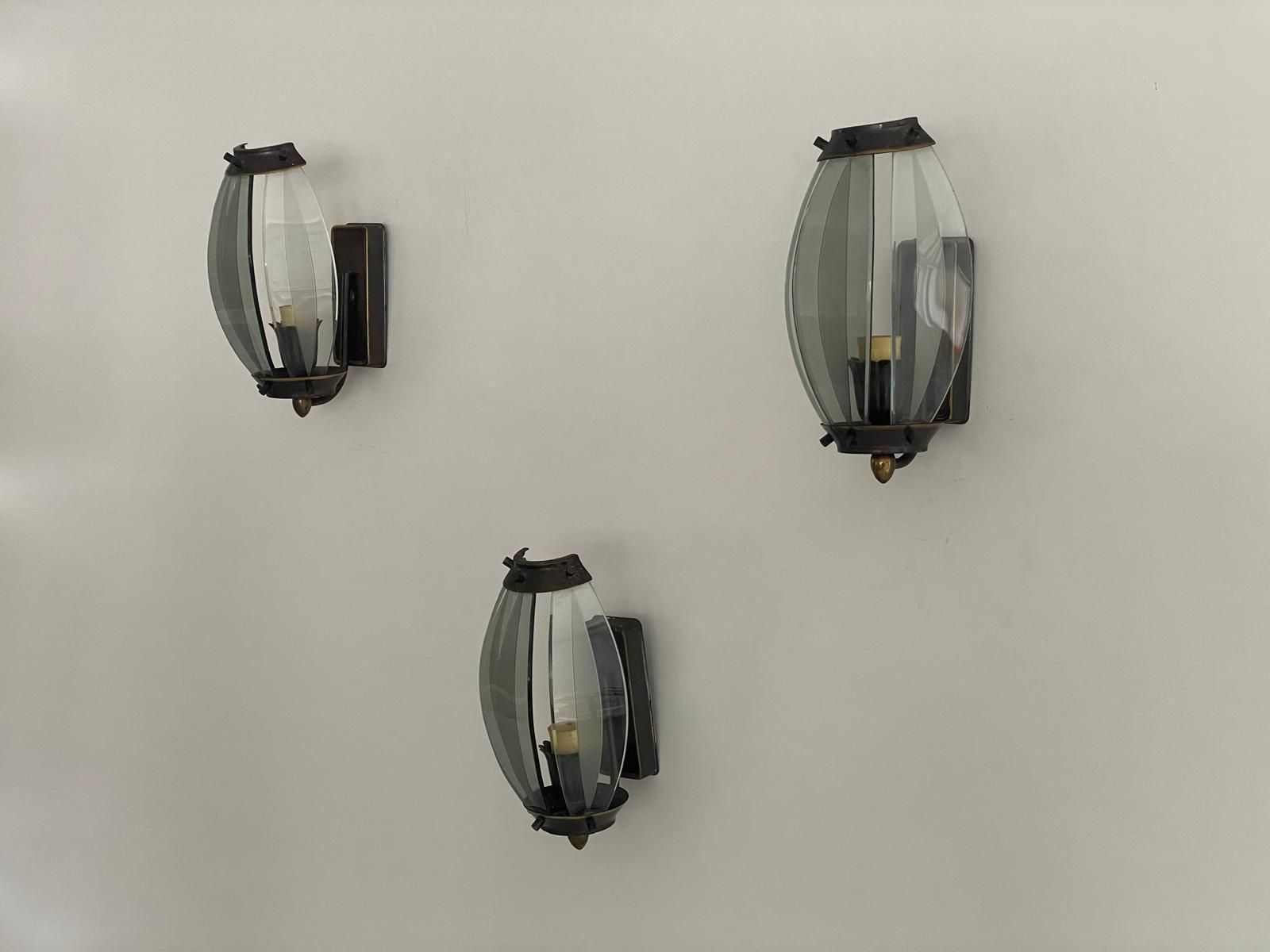 Italian Curved Glass And Metal Set Of 3 Sconces, 1950s, Italy photo for sale