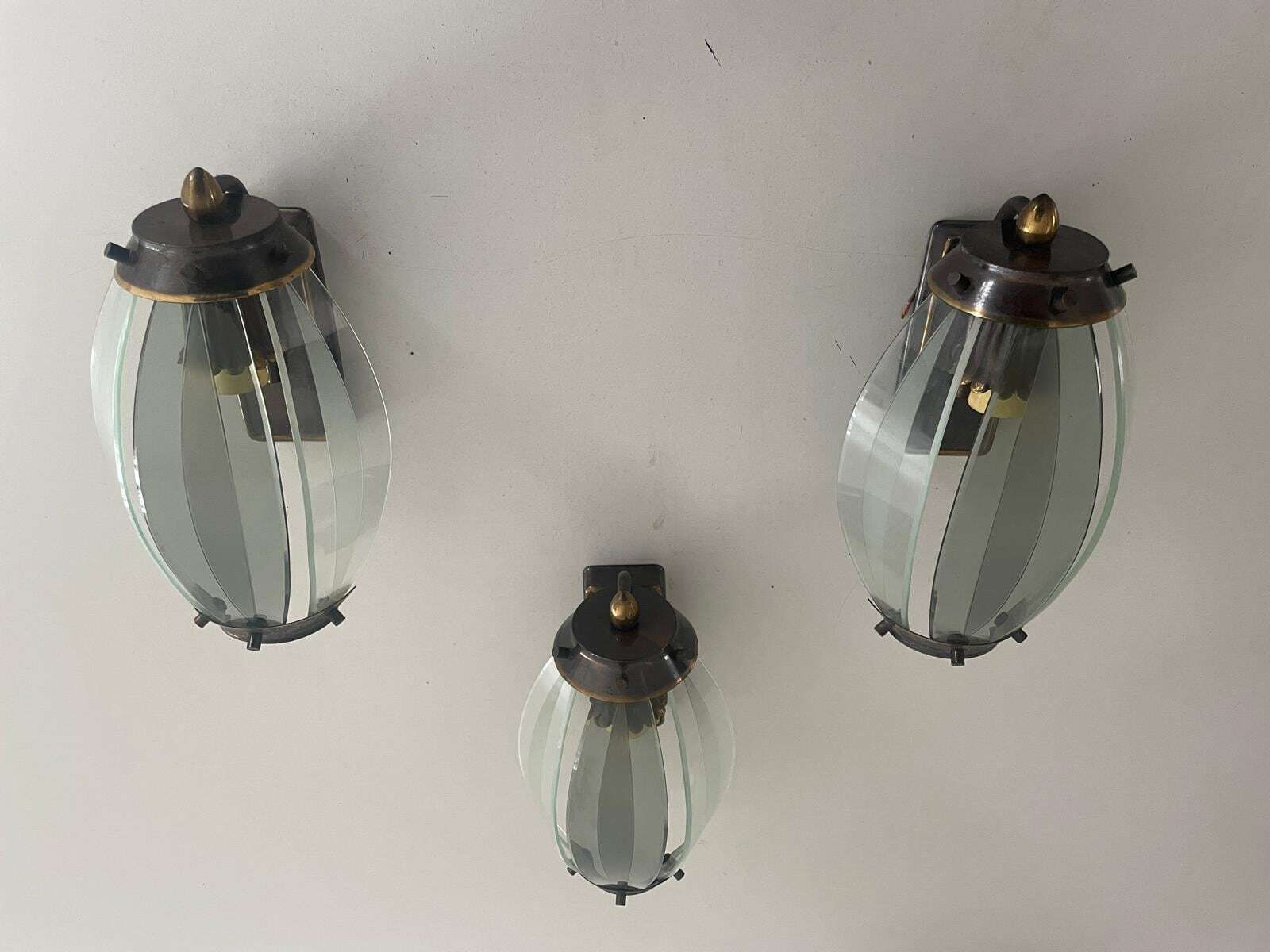 Italian Curved Glass And Metal Set Of 3 Sconces, 1950s, Italy photo vinterior