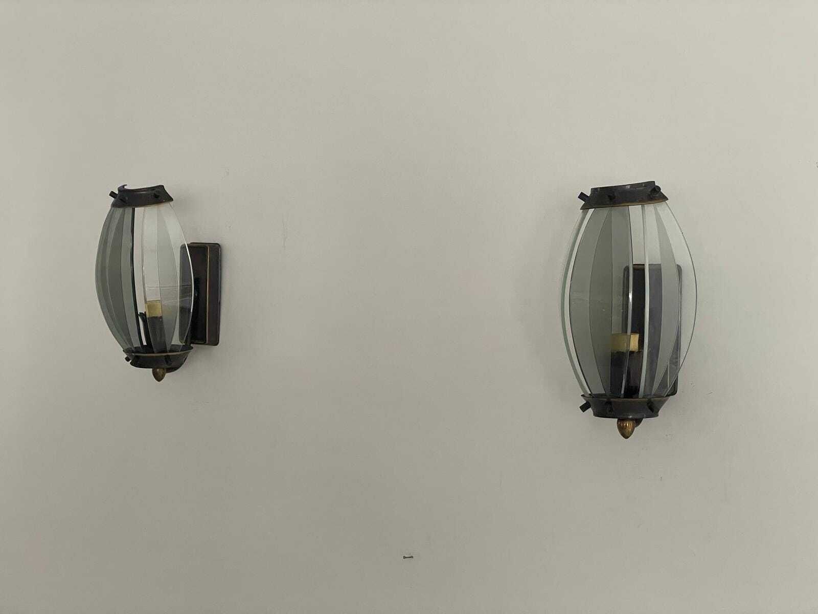 Italian Curved Glass And Metal Set Of 2 Sconces, 1950s, Italy photo for sale
